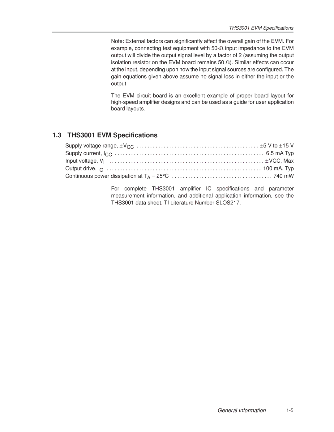 Texas Instruments manual THS3001 EVM Specifications 