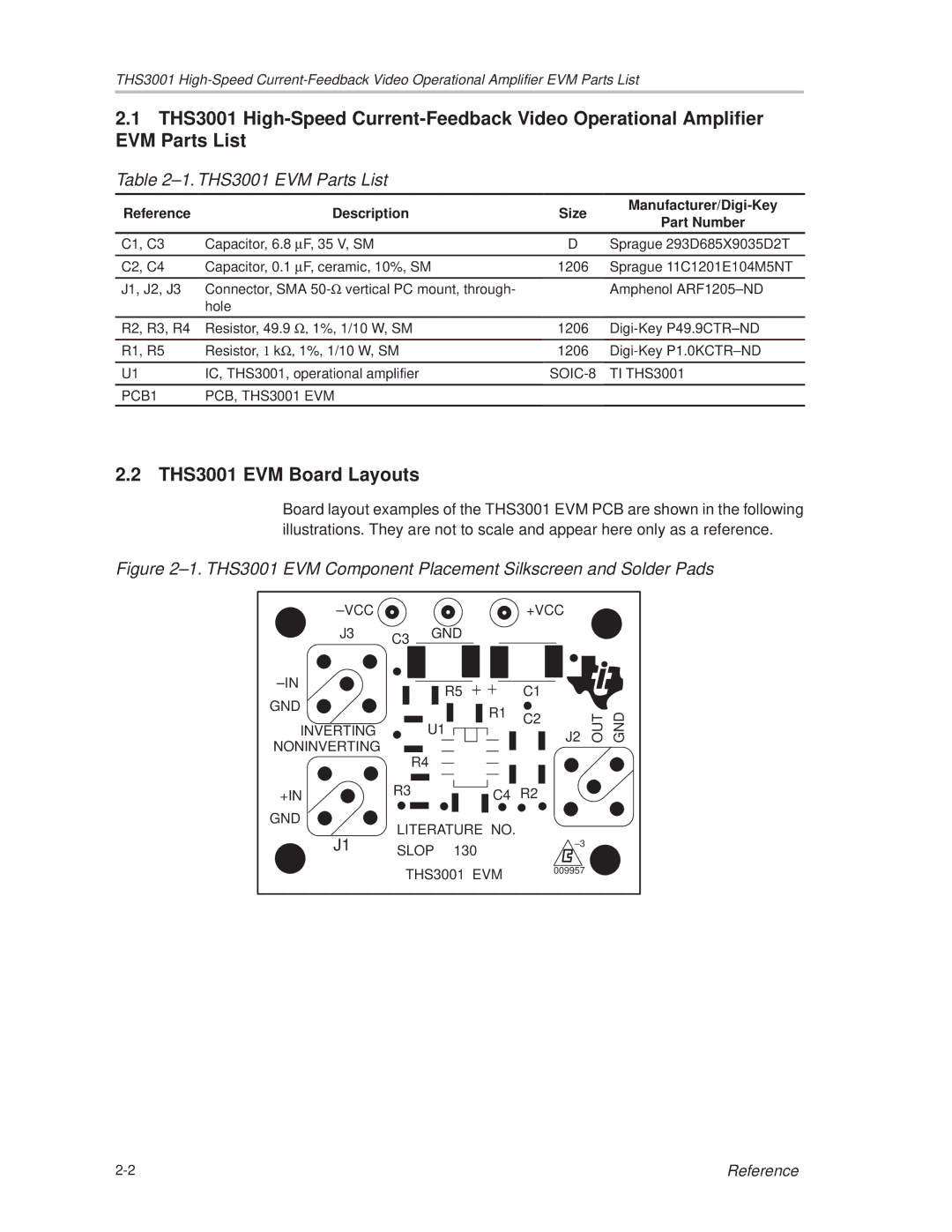 Texas Instruments manual THS3001 EVM Board Layouts, ±1. THS3001 EVM Parts List 