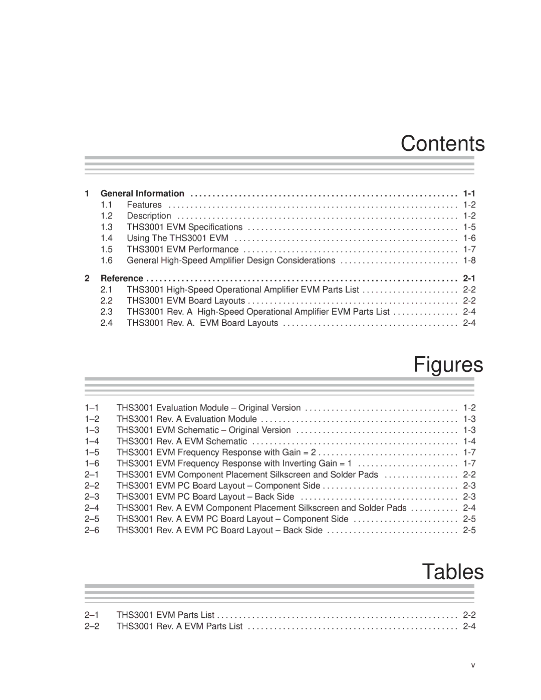 Texas Instruments THS3001 manual Contents, Tables 