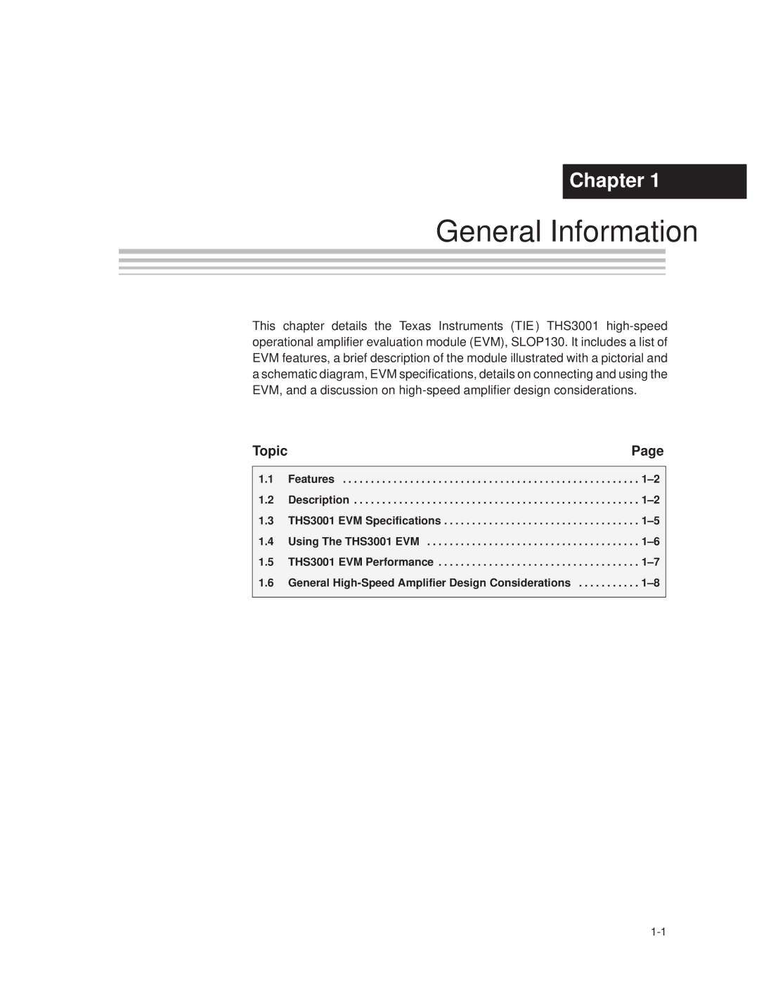 Texas Instruments THS3001 manual General Information, Topic 