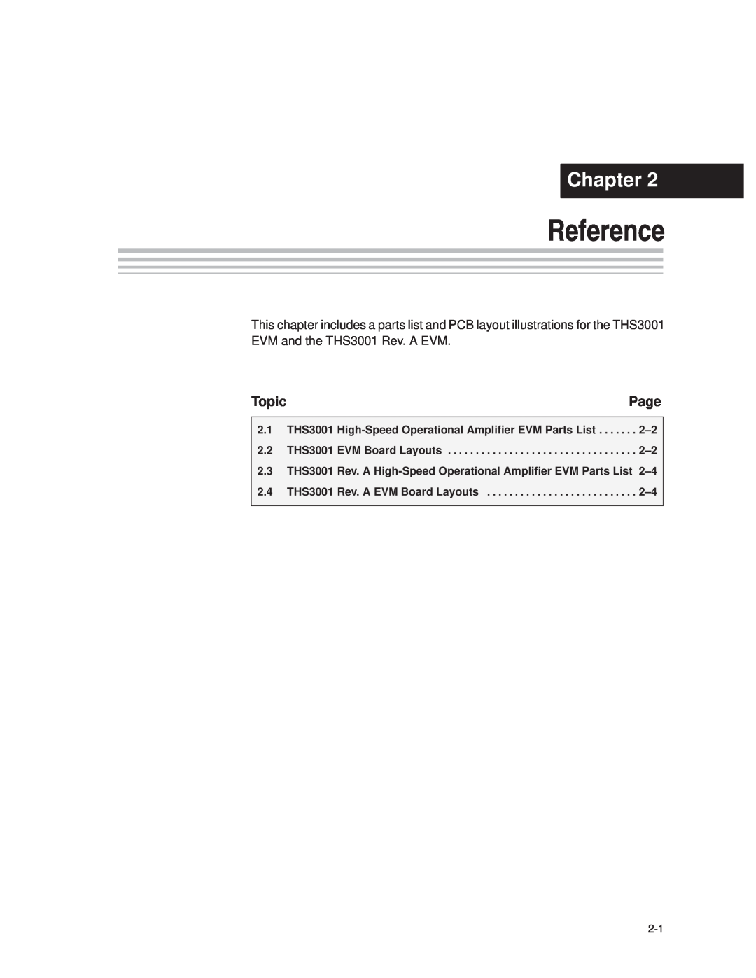 Texas Instruments THS3001 manual Reference, Chapter, Page, Topic 