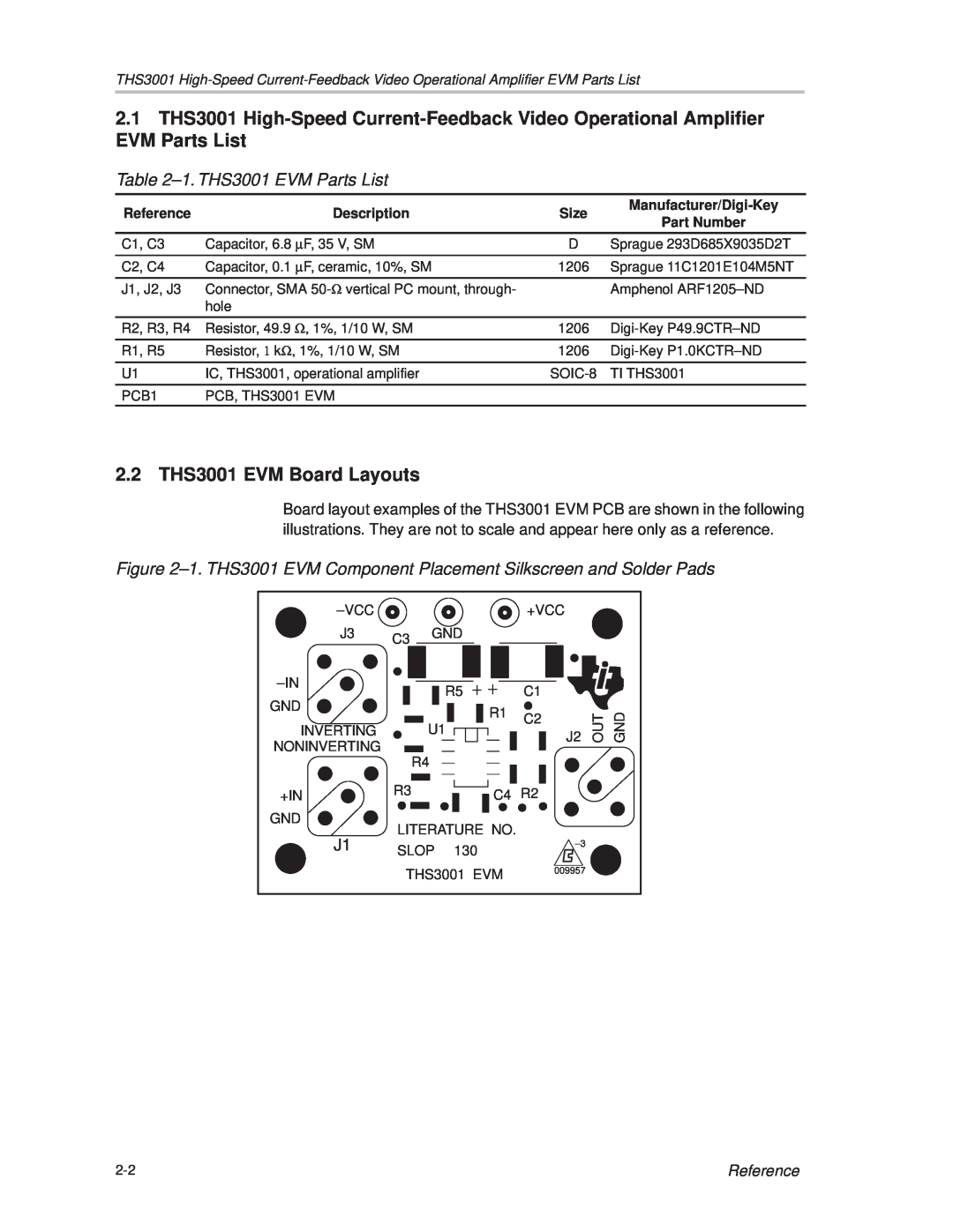 Texas Instruments manual 2.2 THS3001 EVM Board Layouts, ±1. THS3001 EVM Parts List, Reference 