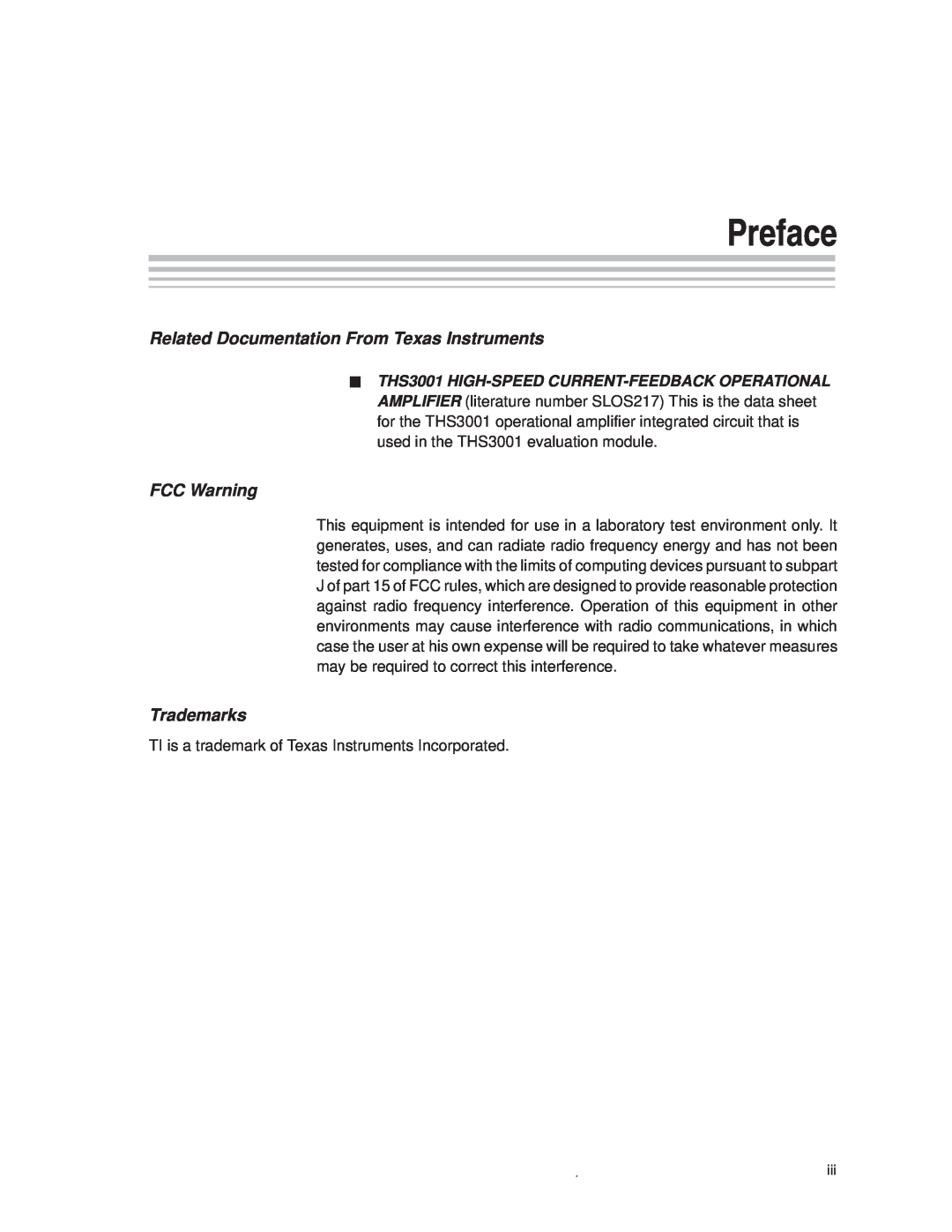 Texas Instruments THS3001 manual Preface, Related Documentation From Texas Instruments, FCC Warning, Trademarks 