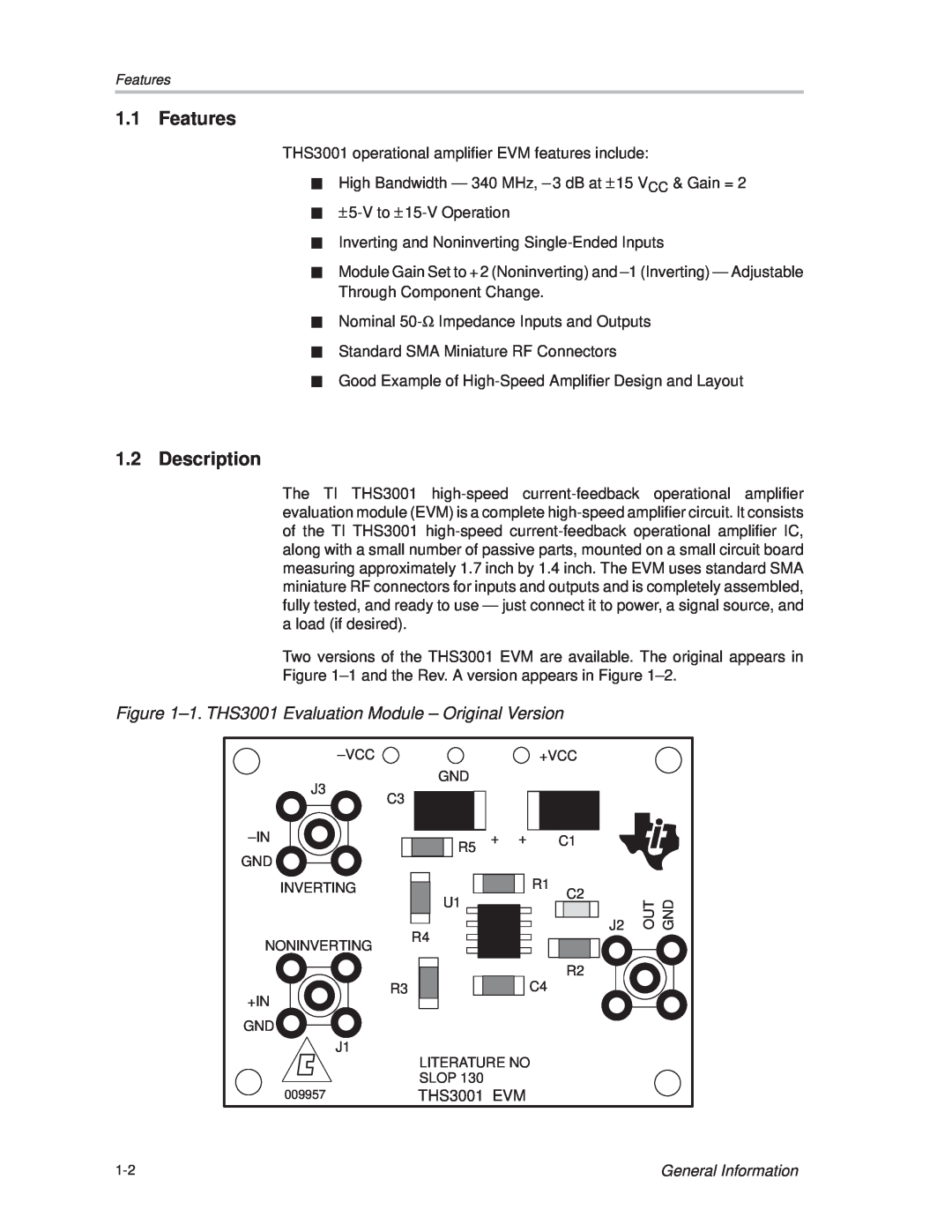 Texas Instruments THS3001 manual Features, Description, General Information 