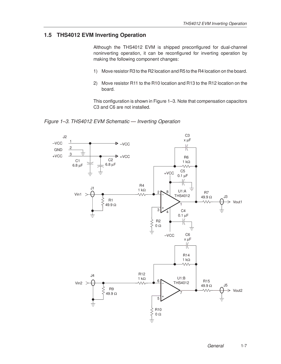 Texas Instruments manual THS4012 EVM Inverting Operation, ±3. THS4012 EVM Schematic Ð Inverting Operation 