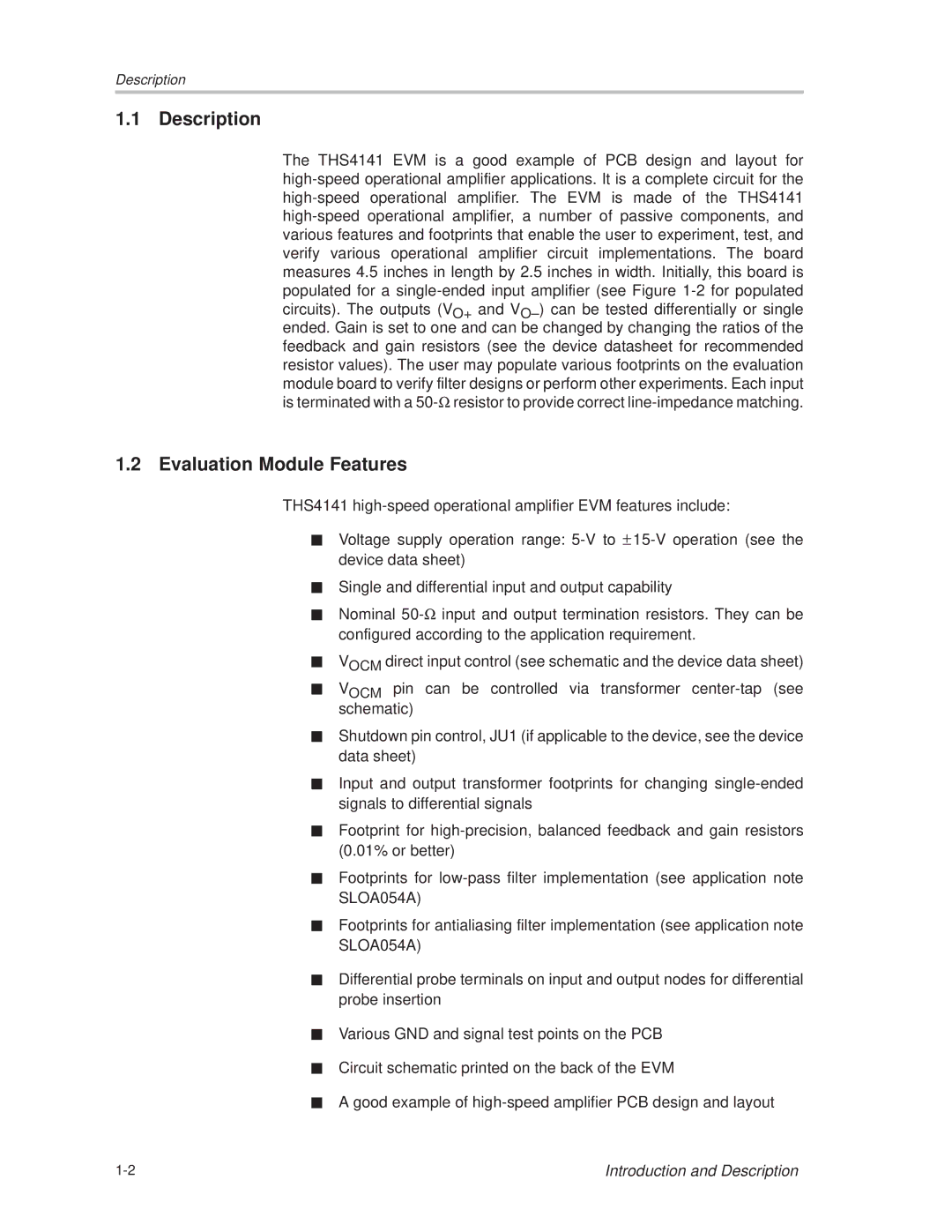 Texas Instruments THS4141 manual Description, Evaluation Module Features 