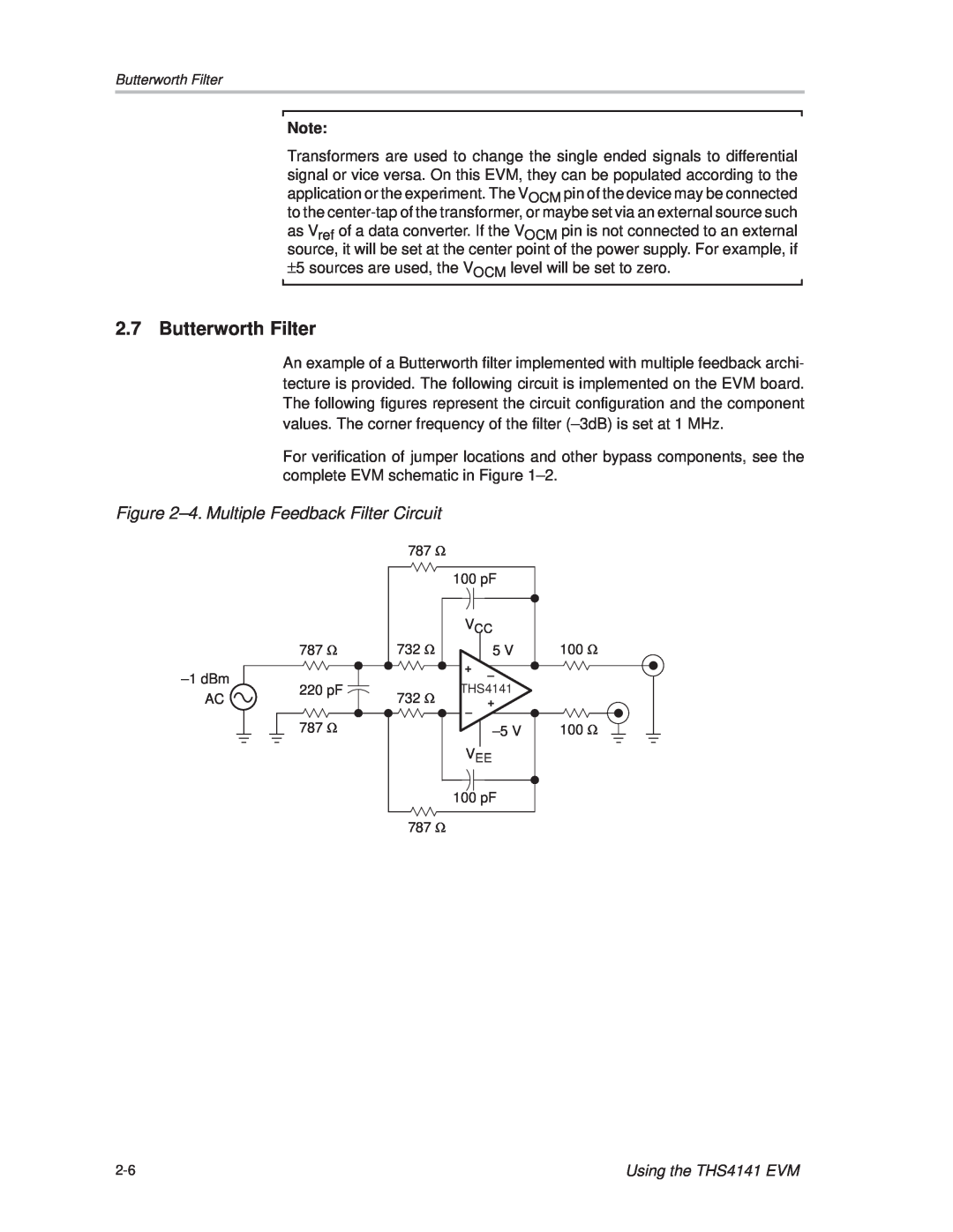 Texas Instruments manual Butterworth Filter, ±4. Multiple Feedback Filter Circuit, Using the THS4141 EVM 