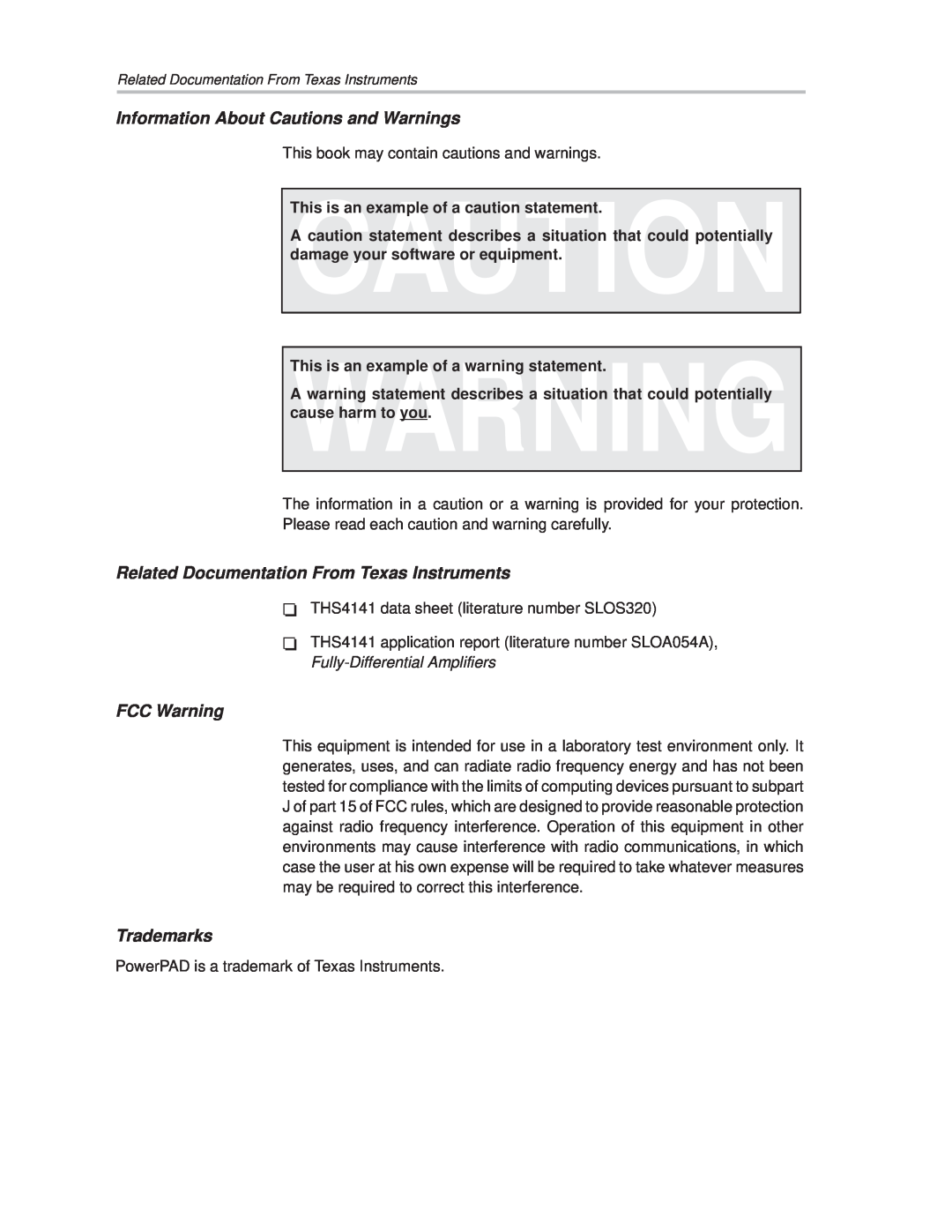 Texas Instruments THS4141 manual Information About Cautions and Warnings, Related Documentation From Texas Instruments 