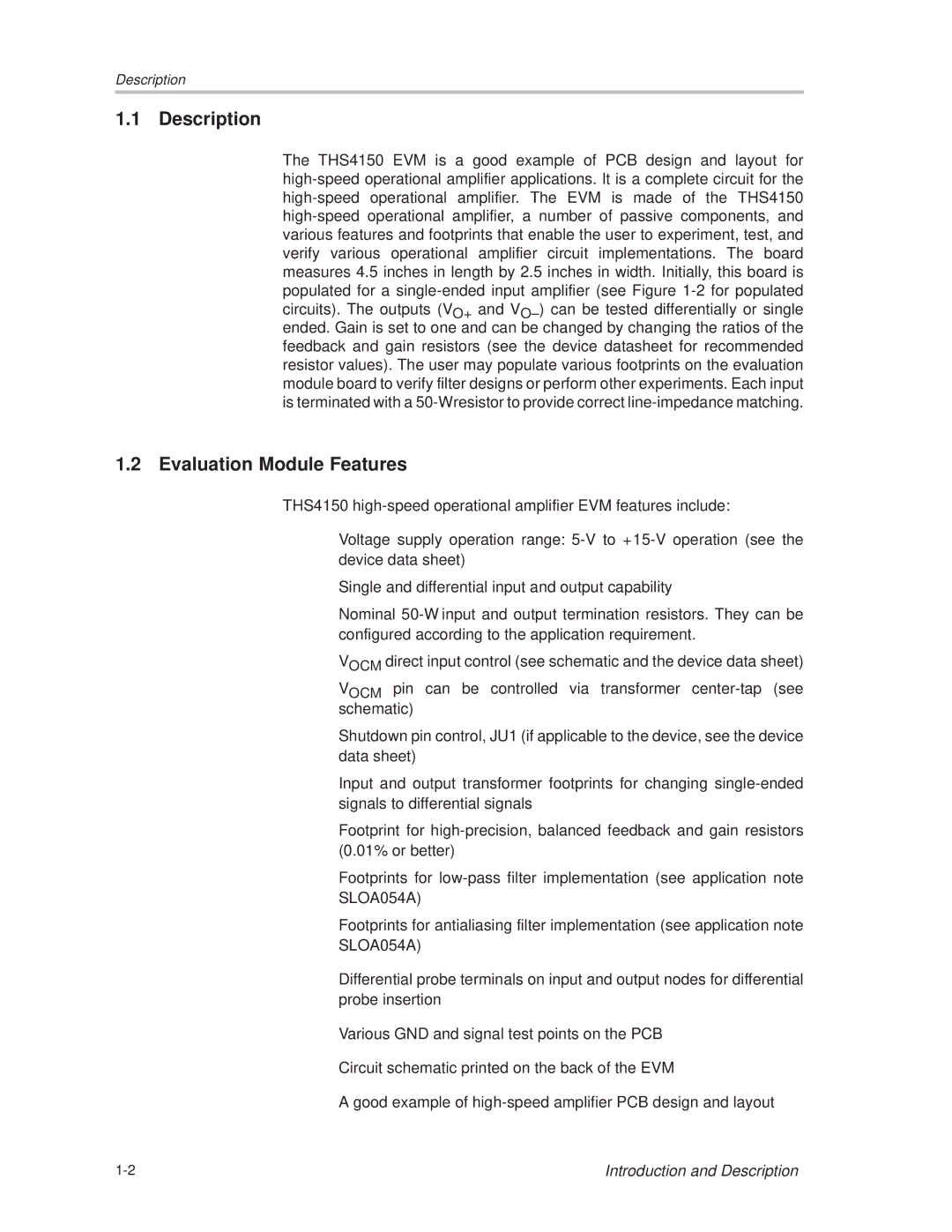 Texas Instruments THS4150 manual Description, Evaluation Module Features 