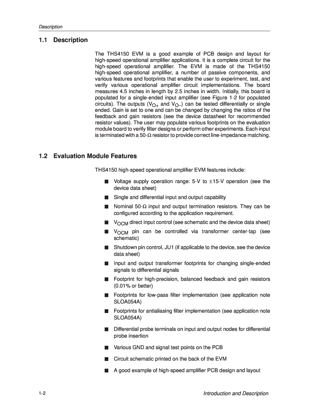 Texas Instruments THS4150 manual Evaluation Module Features, Introduction and Description 