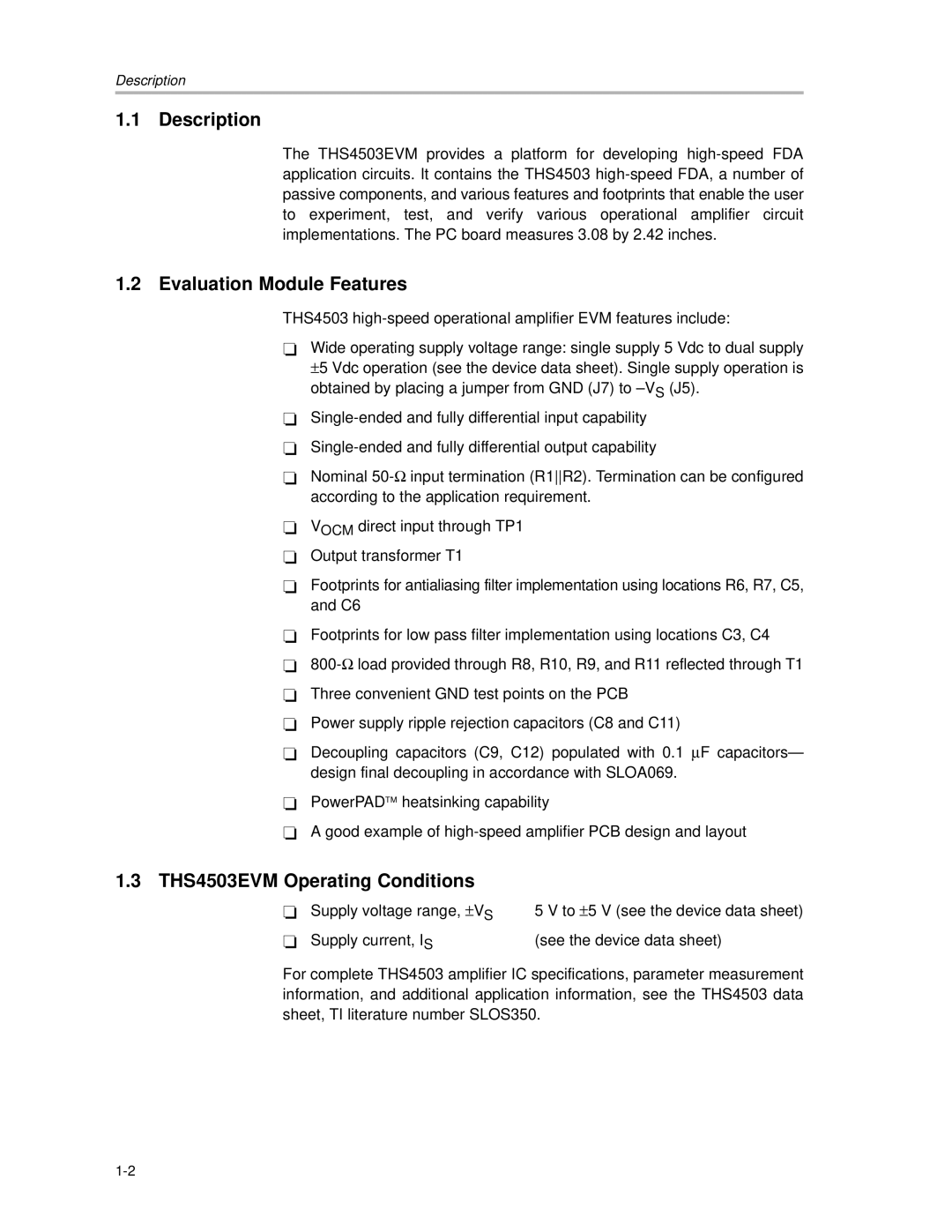 Texas Instruments manual Description, Evaluation Module Features, THS4503EVM Operating Conditions 