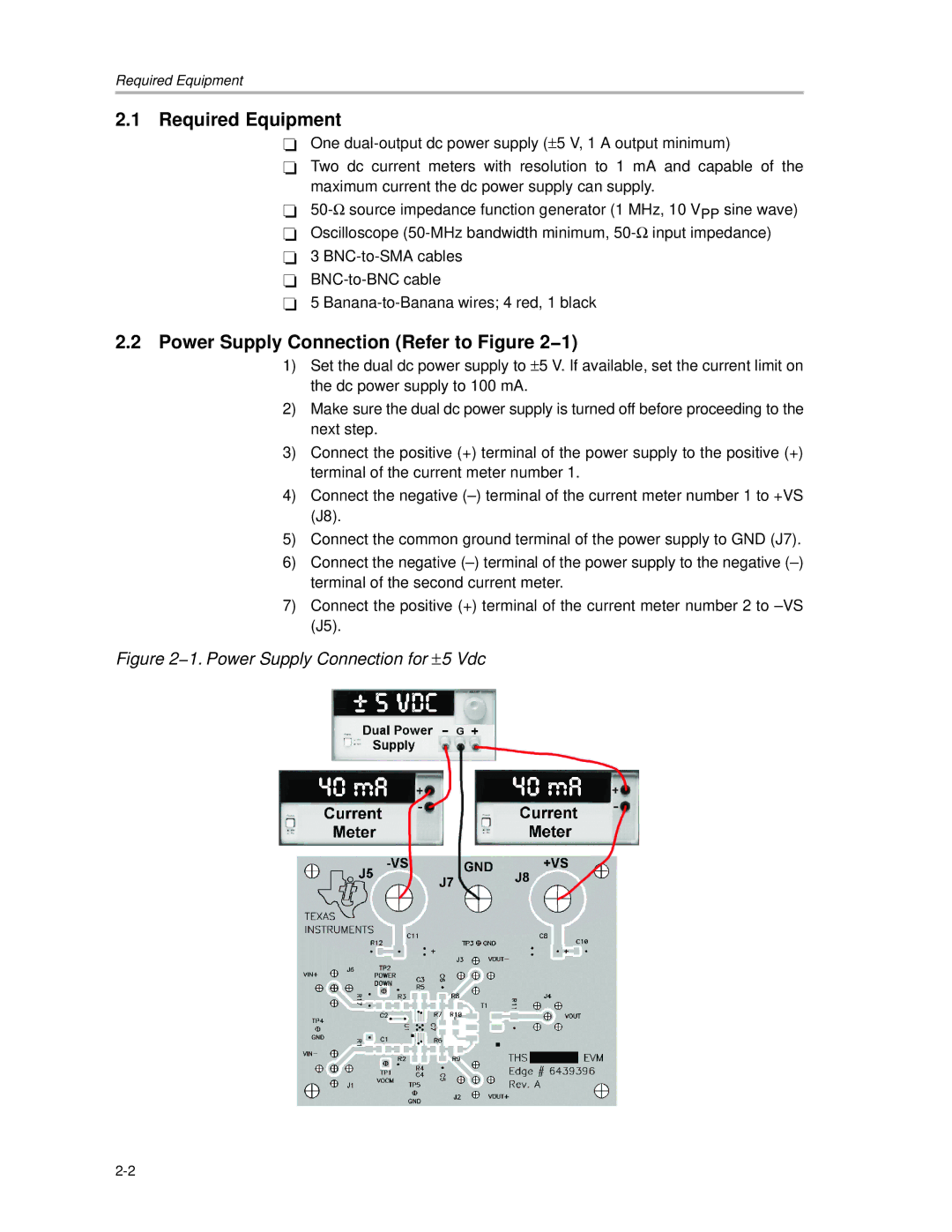 Texas Instruments THS4503EVM manual Required Equipment, Power Supply Connection Refer to −1 