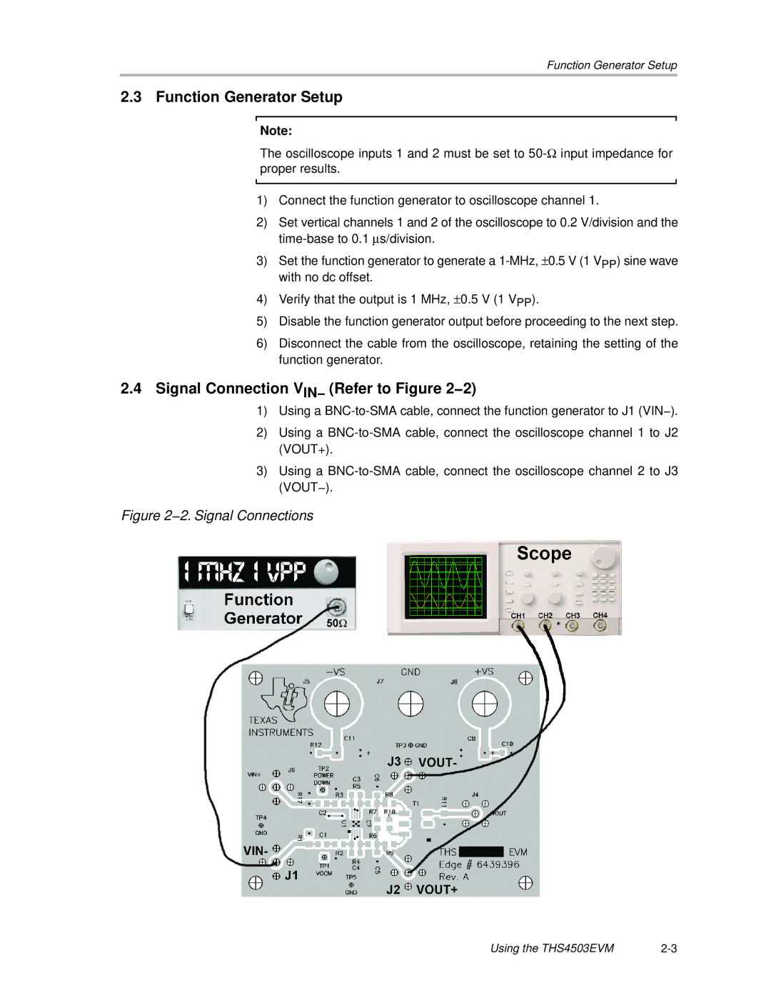 Texas Instruments THS4503EVM manual Function Generator Setup, Signal Connection VIN− Refer to −2 