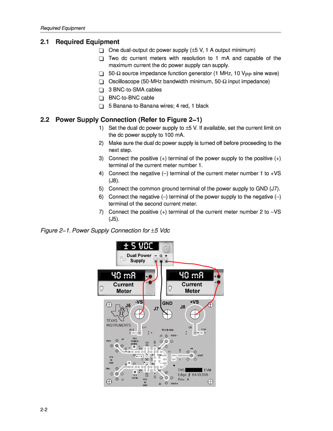Texas Instruments THS4503EVM manual 2.1Required Equipment, 2.2Power Supply Connection Refer to −1 