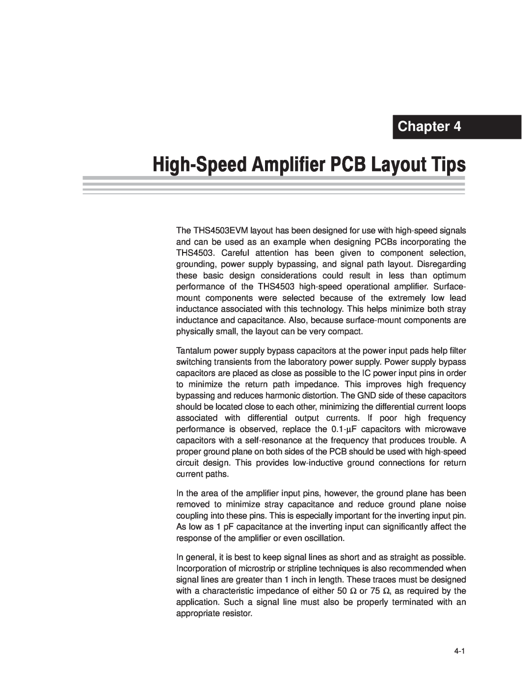 Texas Instruments THS4503EVM manual Chapter, High-SpeedAmplifier PCB Layout Tips 