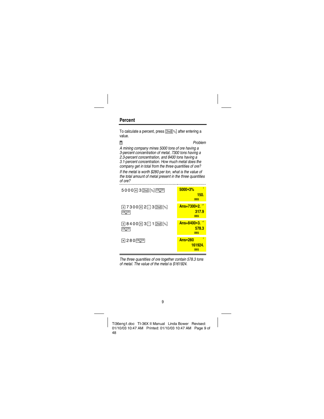 Texas Instruments TI-36X manual Percent, Mining company mines 5000 tons of ore having a 