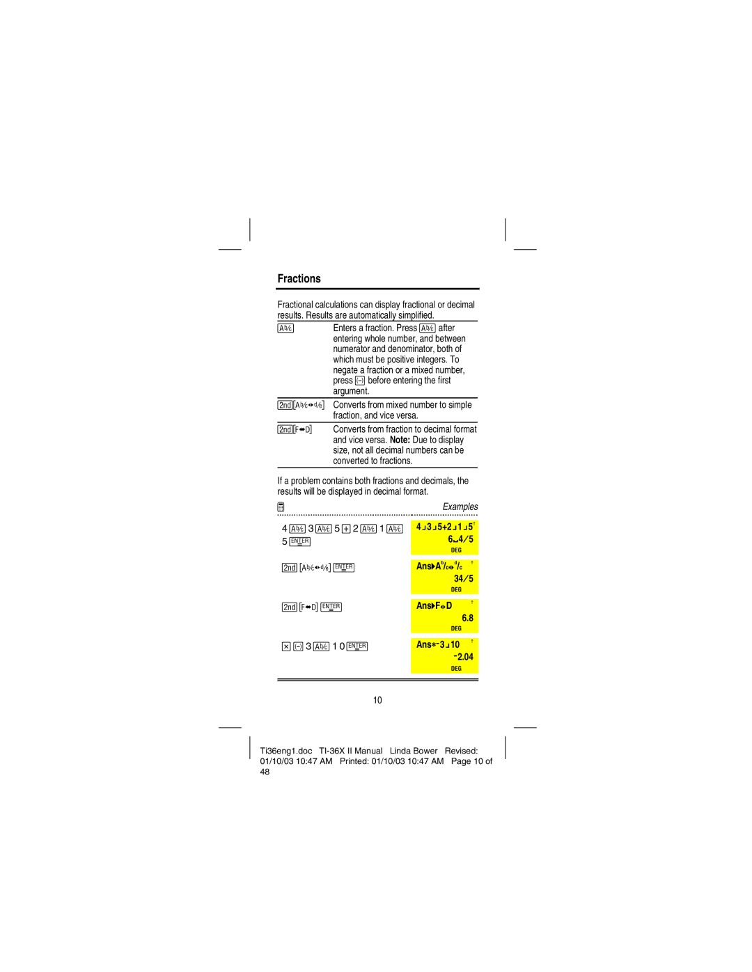 Texas Instruments TI-36X manual Fractions, ³Examples, 4 ñ5, Ans 4F 34D 