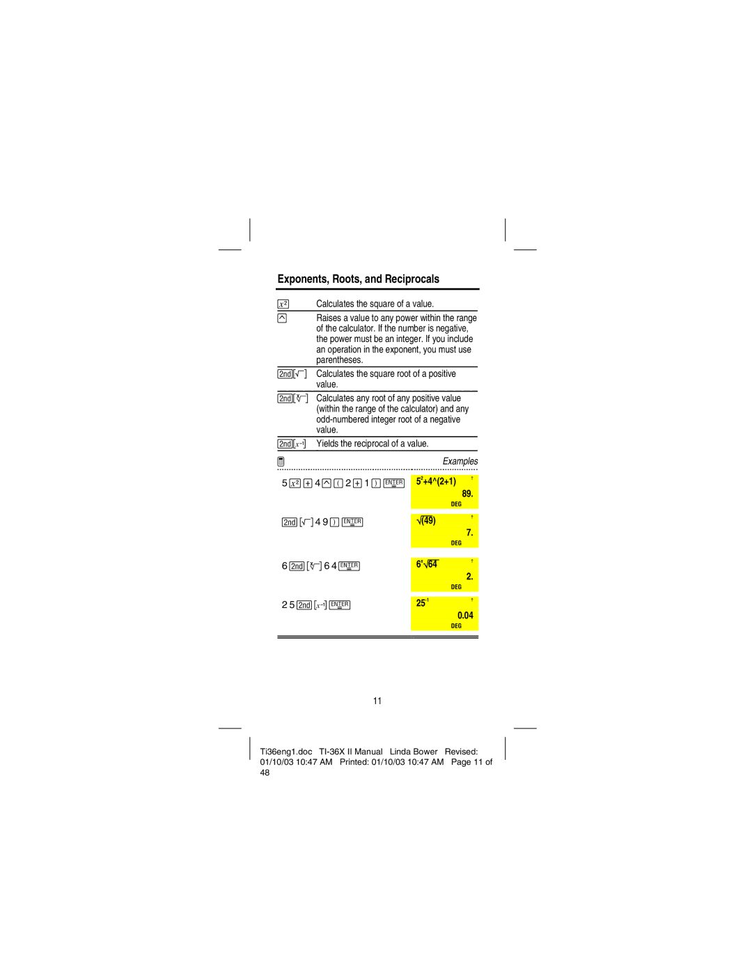 Texas Instruments TI-36X manual Exponents, Roots, and Reciprocals, Ì49, Ì64 