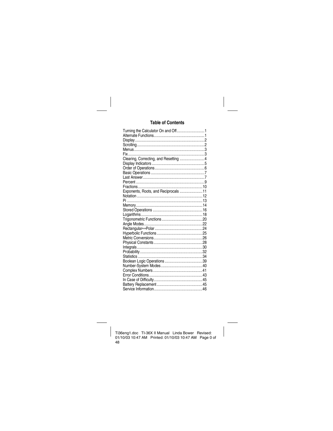 Texas Instruments TI-36X manual Table of Contents 