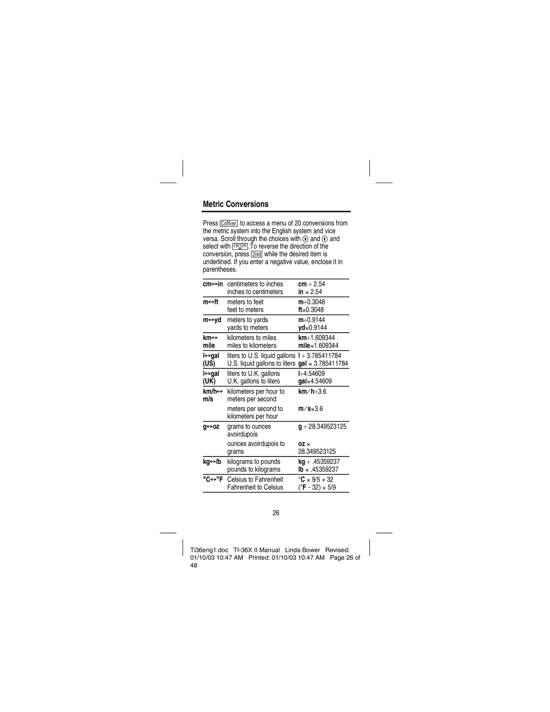 Texas Instruments TI-36X manual Metric Conversions 