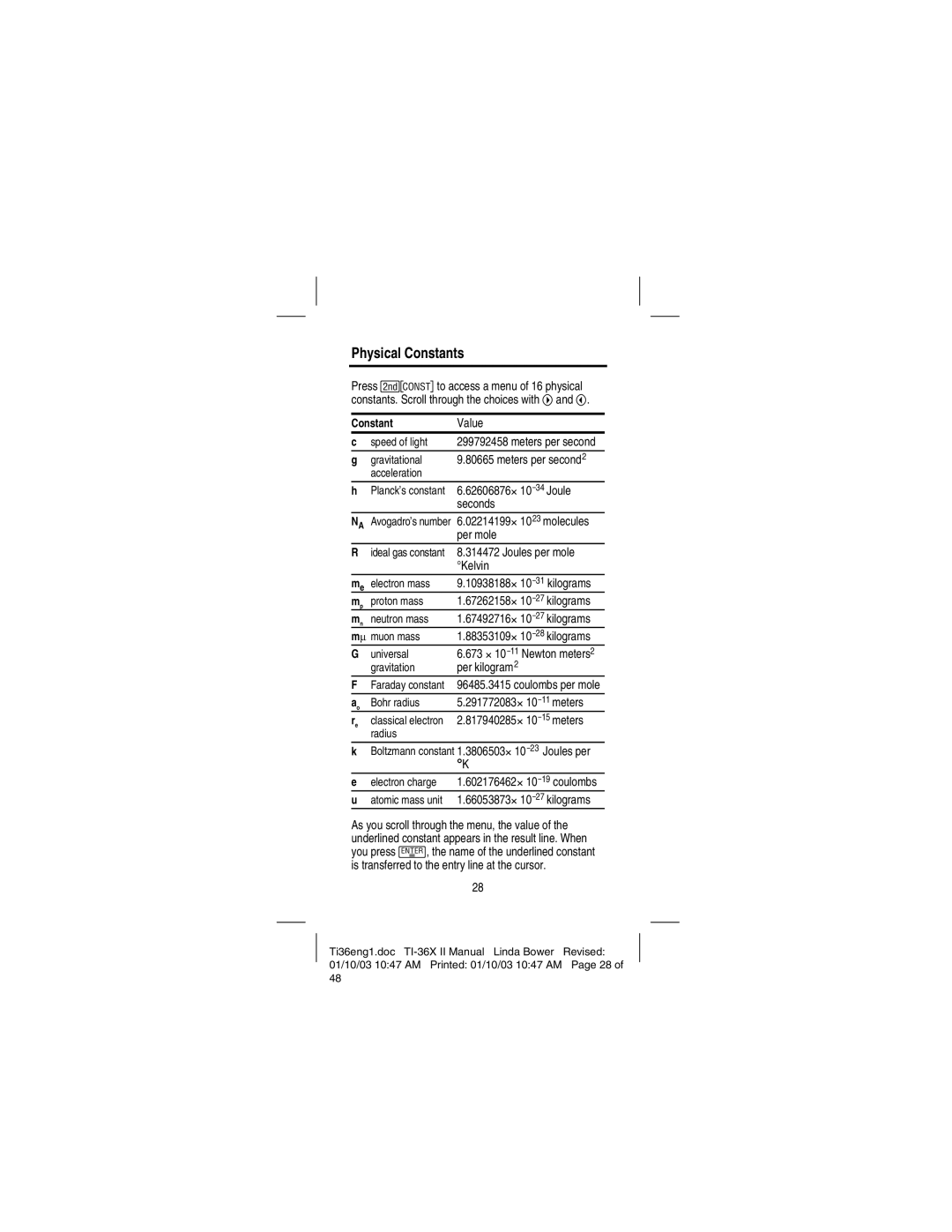 Texas Instruments TI-36X manual Physical Constants, Speed of light 299792458 meters per second, Per kilogram 