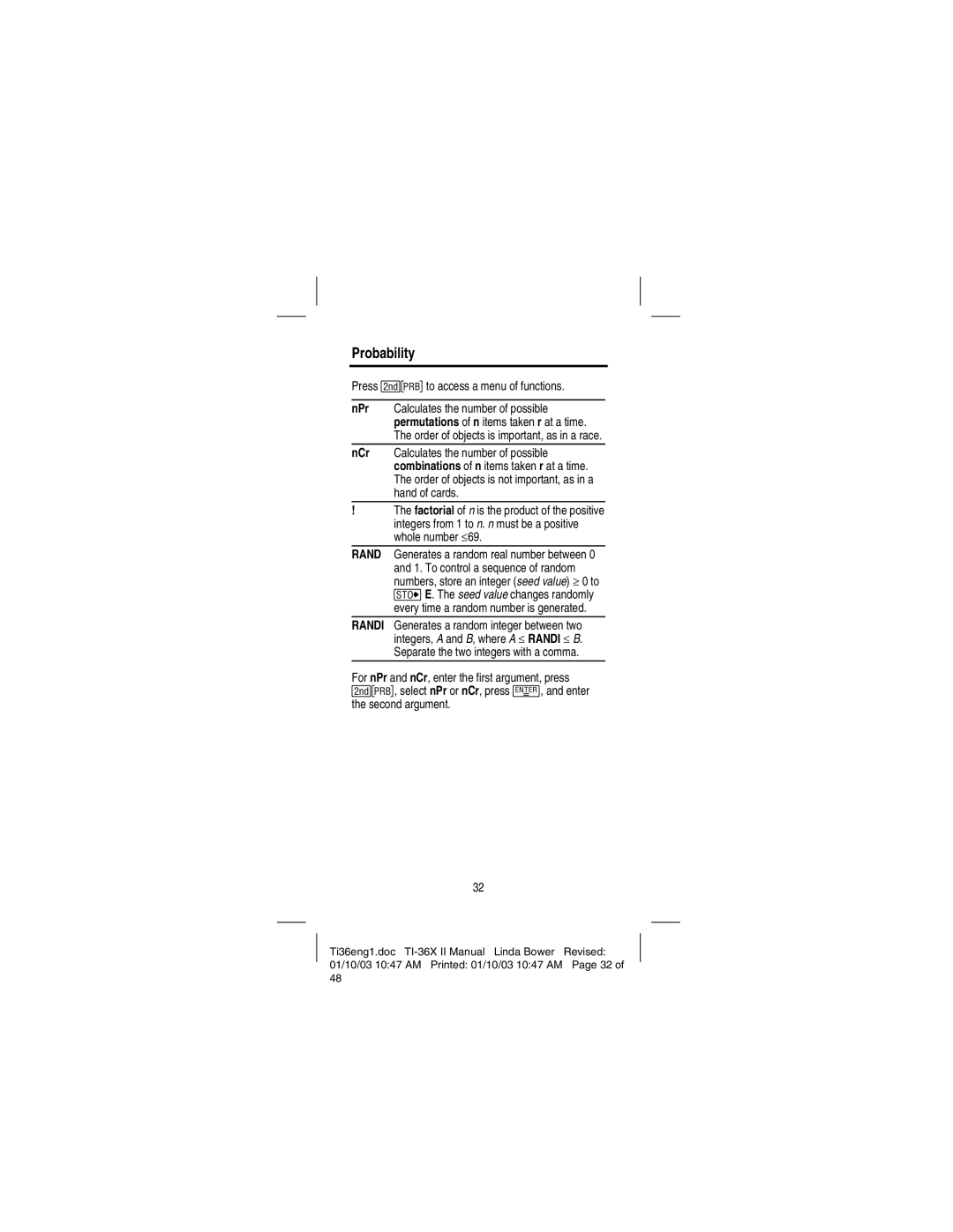 Texas Instruments TI-36X manual Probability, Press %6to access a menu of functions 