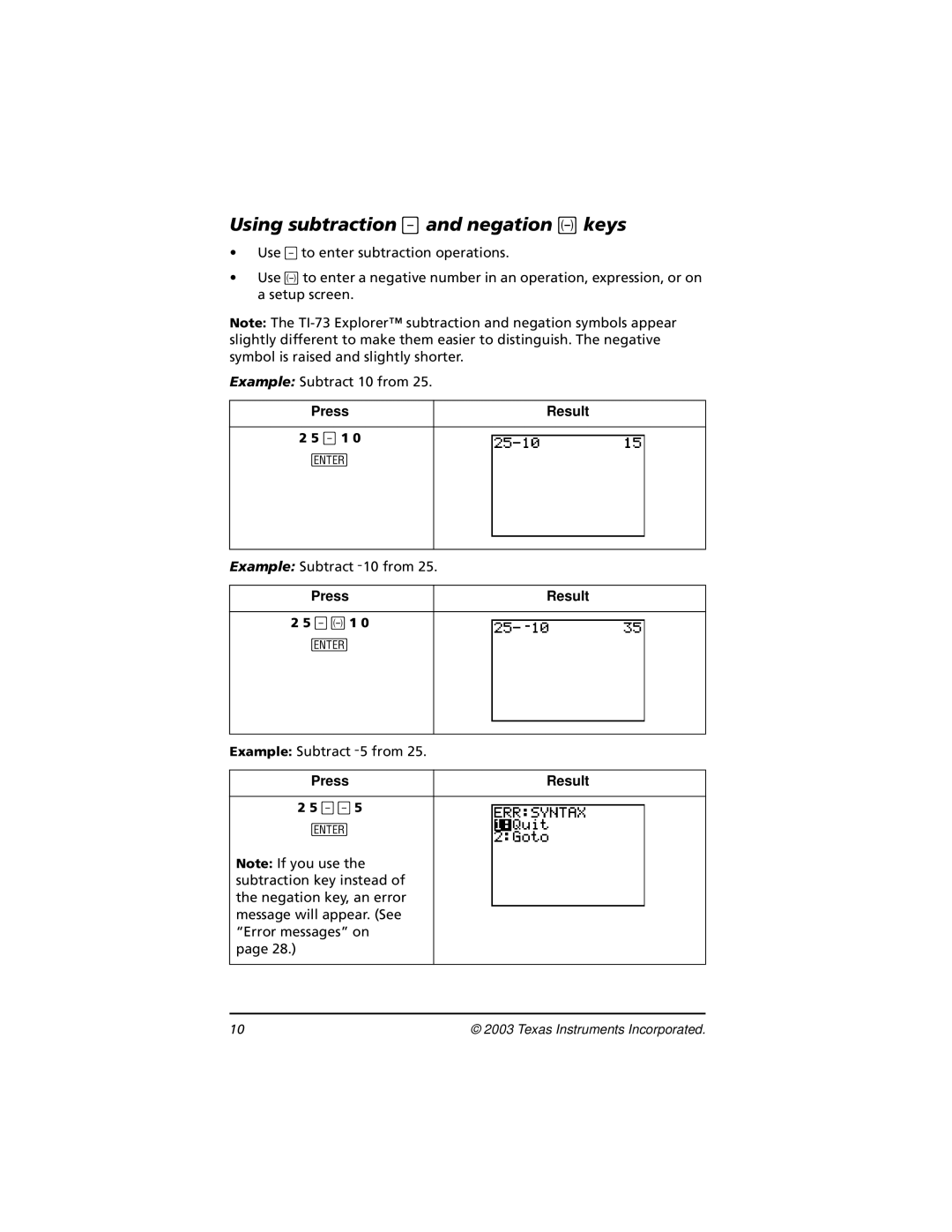 Texas Instruments TI-73, CBL 2 manual Using subtraction Tand negation a keys 