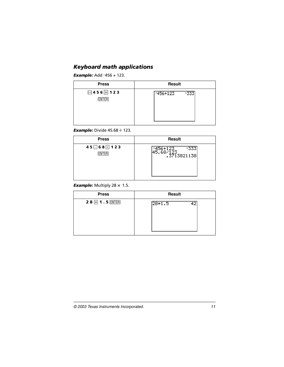 Texas Instruments CBL 2, TI-73 manual Keyboard math applications 