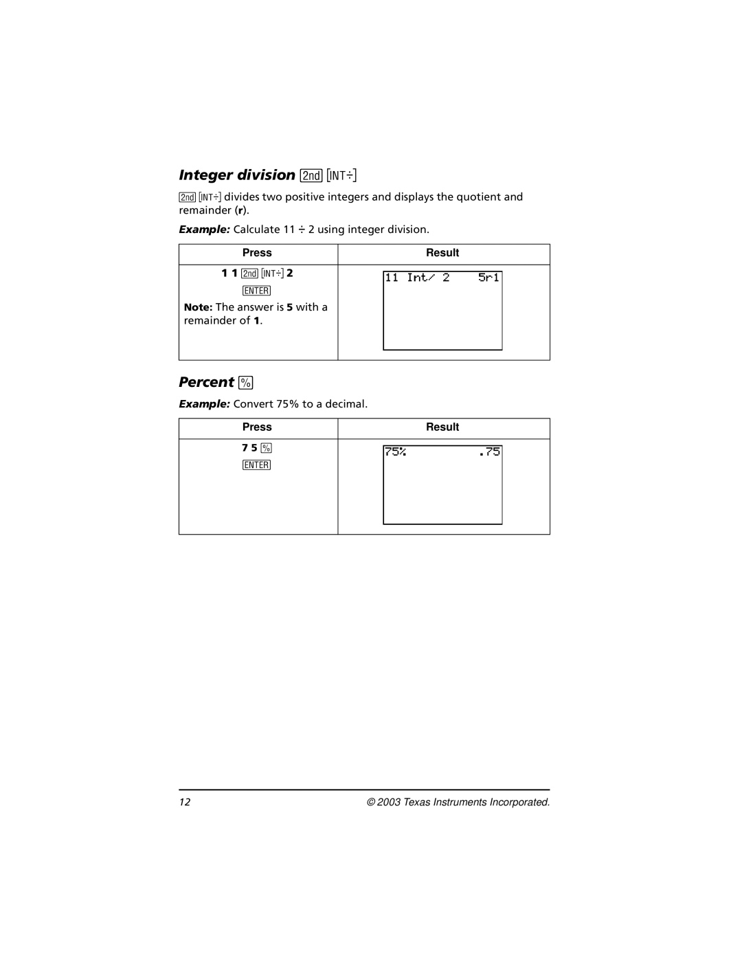 Texas Instruments TI-73, CBL 2 manual Integer division -Œ, Percent C 