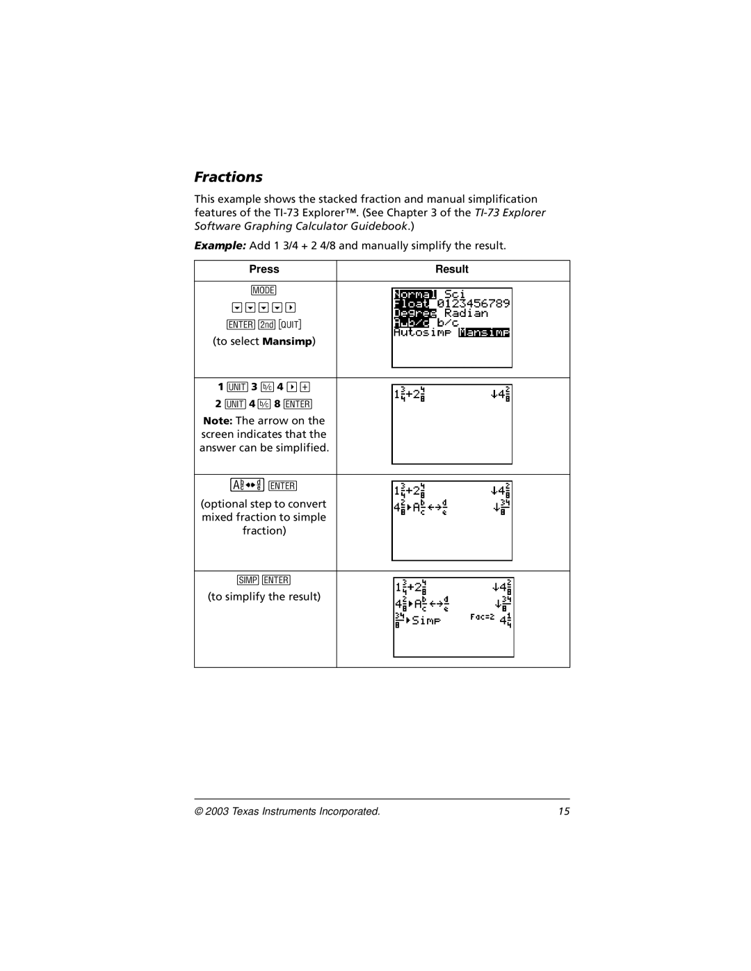 Texas Instruments CBL 2, TI-73 manual Fractions 