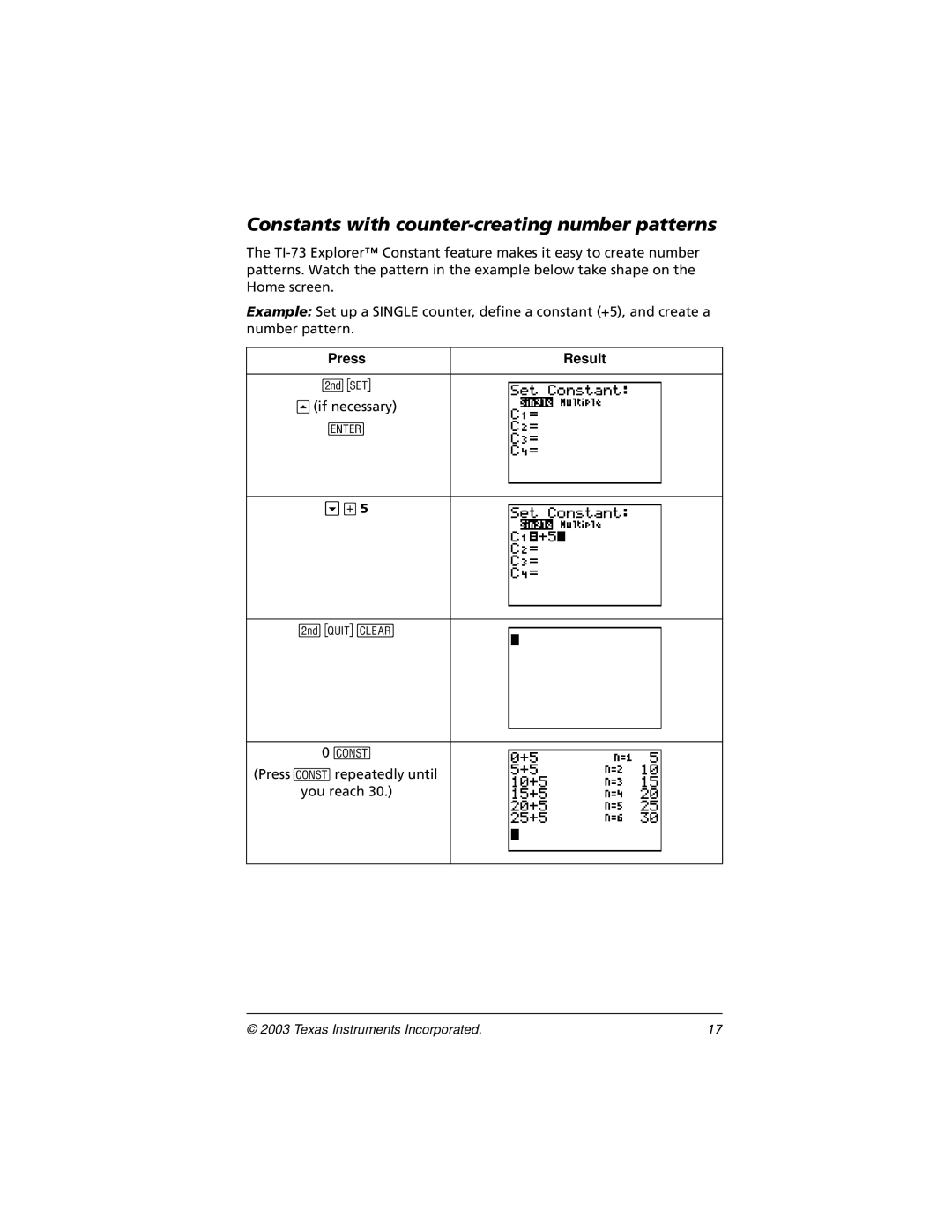 Texas Instruments CBL 2, TI-73 manual Constants with counter-creating number patterns 