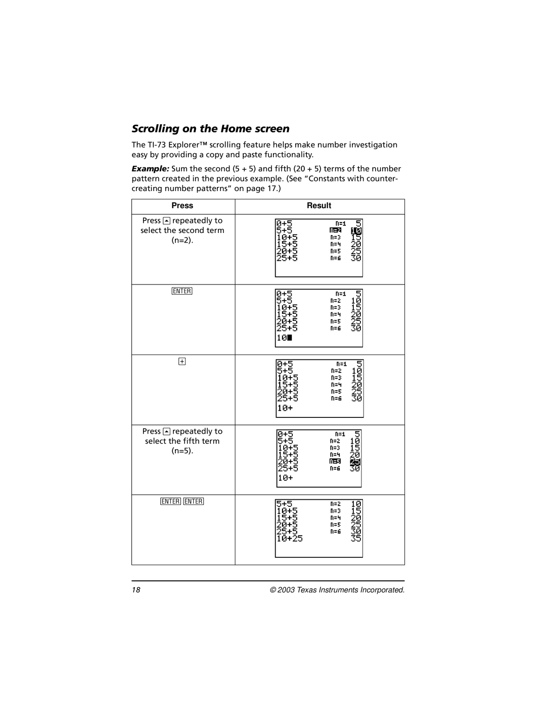 Texas Instruments TI-73, CBL 2 manual Scrolling on the Home screen 