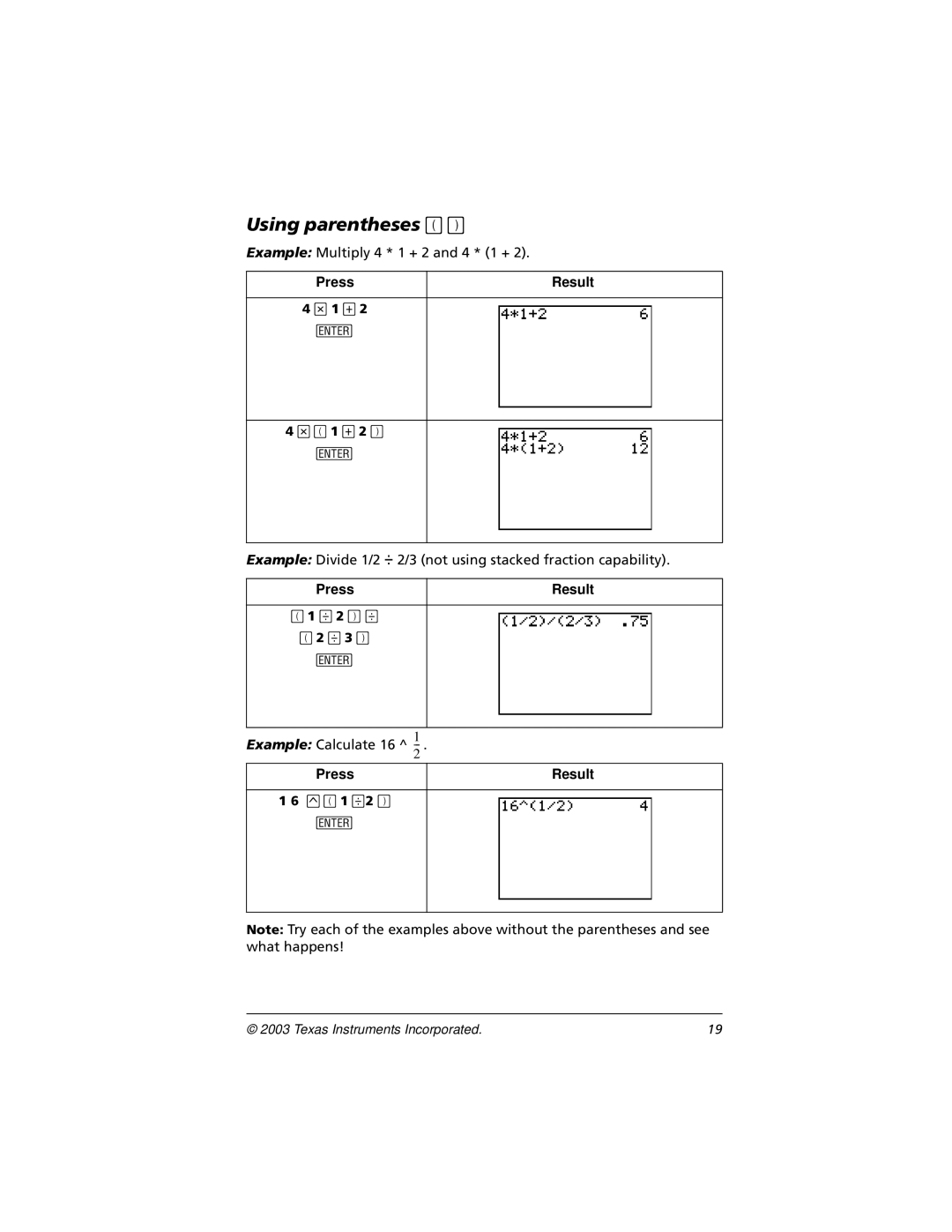 Texas Instruments CBL 2, TI-73 manual Using parentheses DE 