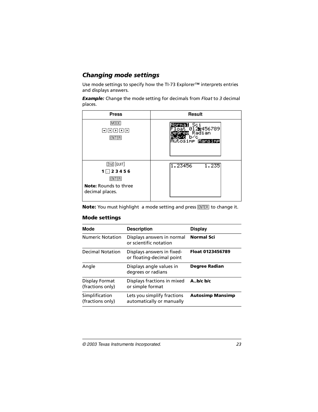 Texas Instruments CBL 2, TI-73 manual Changing mode settings, Mode settings 