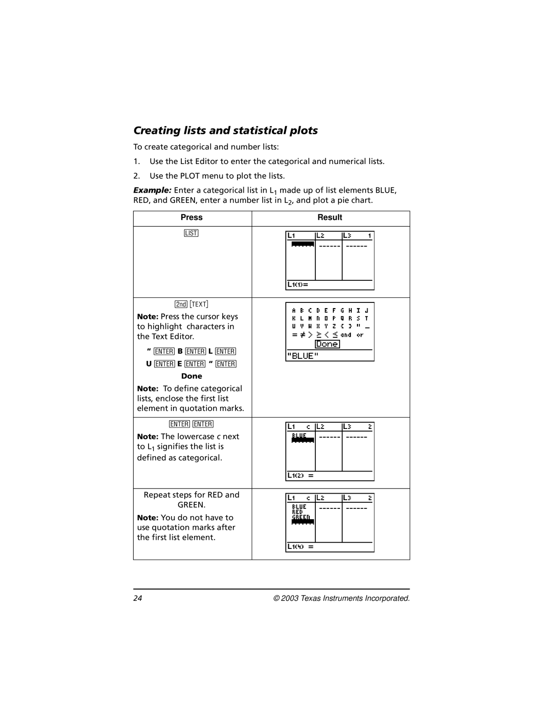 Texas Instruments TI-73, CBL 2 manual Creating lists and statistical plots 