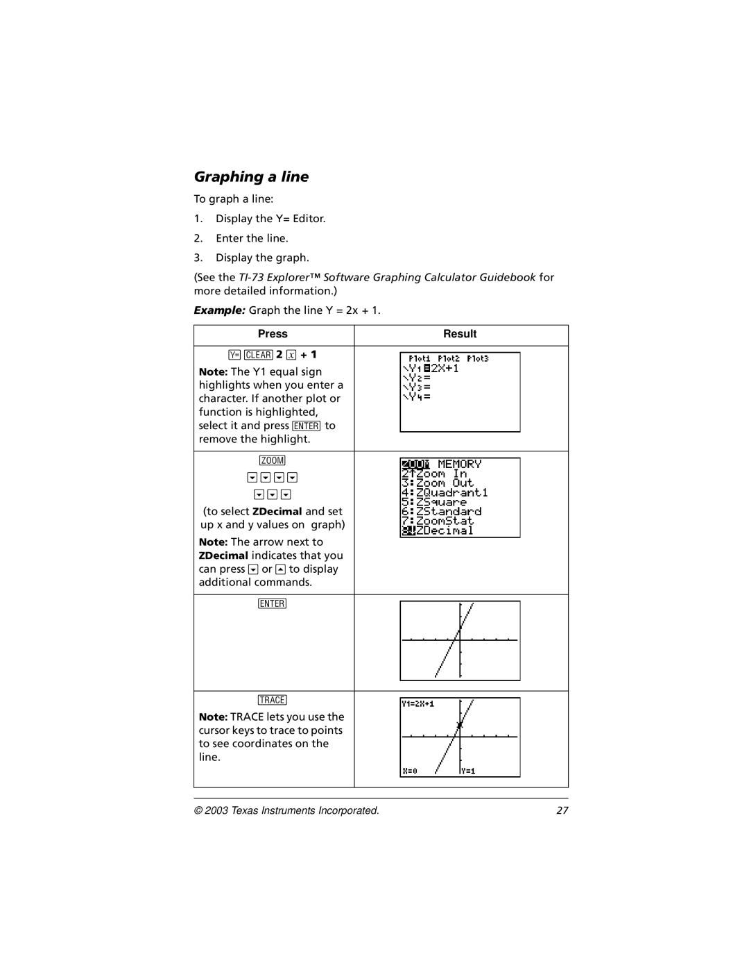 Texas Instruments CBL 2, TI-73 manual Graphing a line 