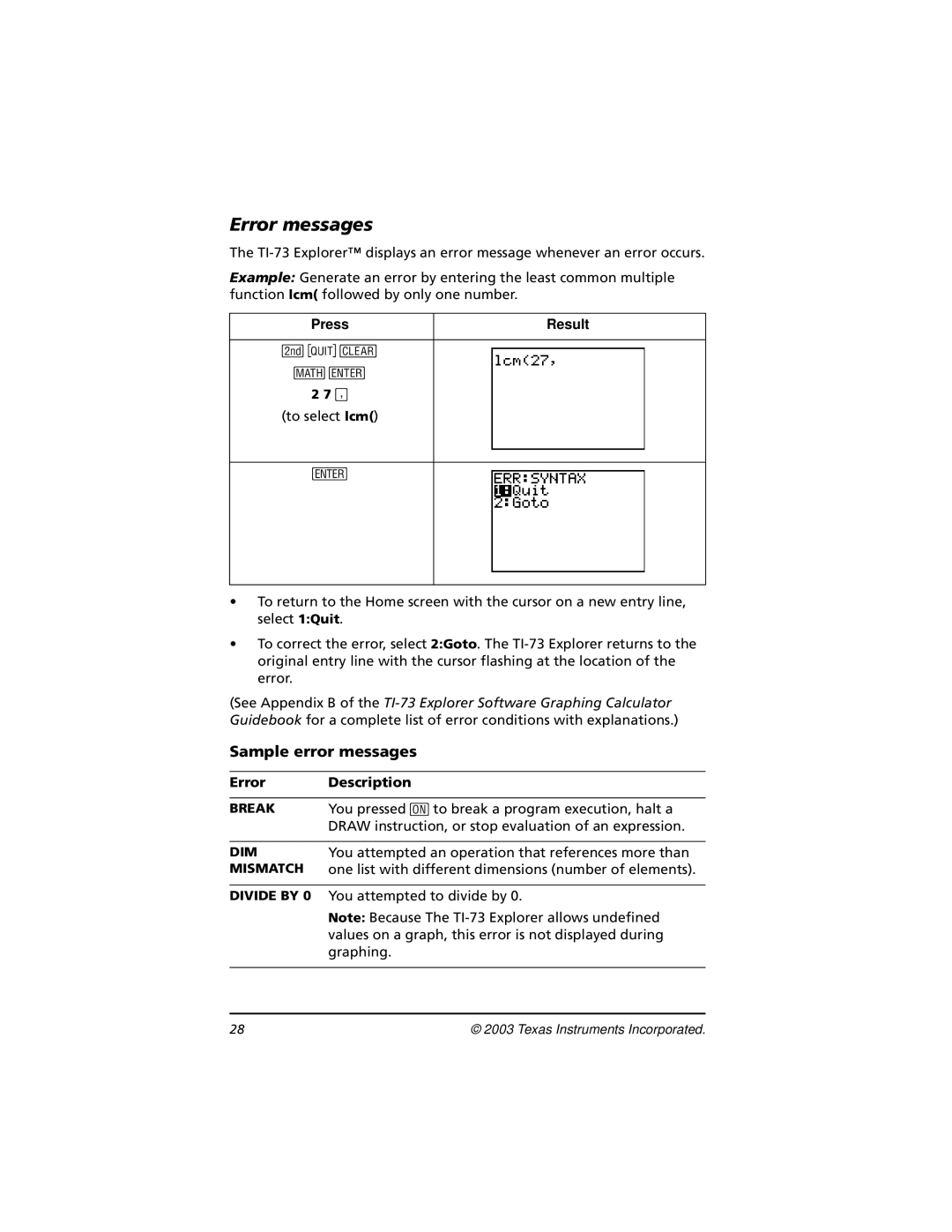 Texas Instruments TI-73, CBL 2 manual Error messages, Sample error messages 