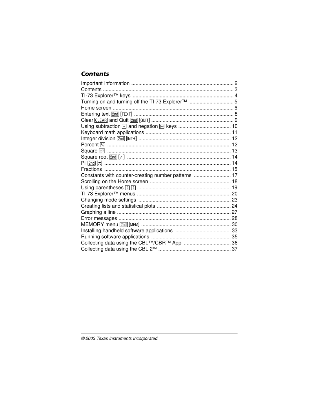 Texas Instruments CBL 2, TI-73 manual Contents 