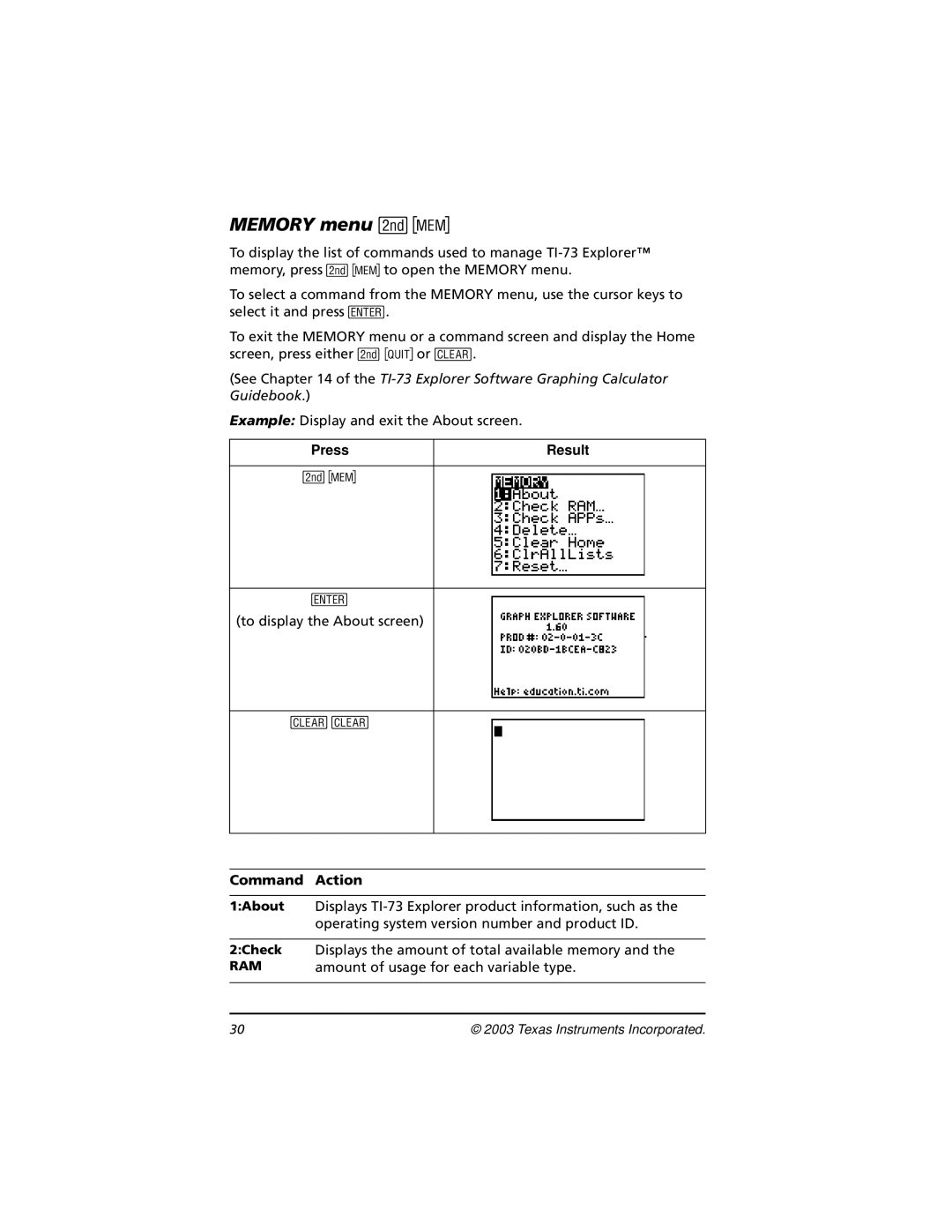 Texas Instruments TI-73, CBL 2 manual Memory menu -Ÿ, Command Action 