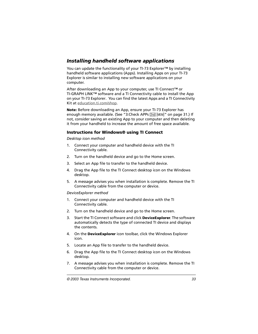 Texas Instruments CBL 2, TI-73 manual Installing handheld software applications, Instructions for Windows using TI Connect 