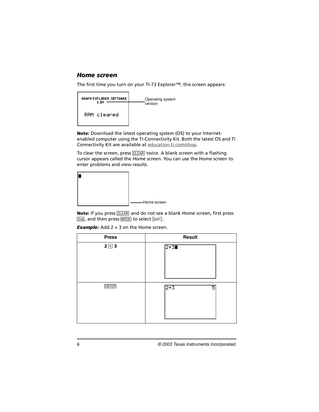 Texas Instruments TI-73, CBL 2 manual Home screen 