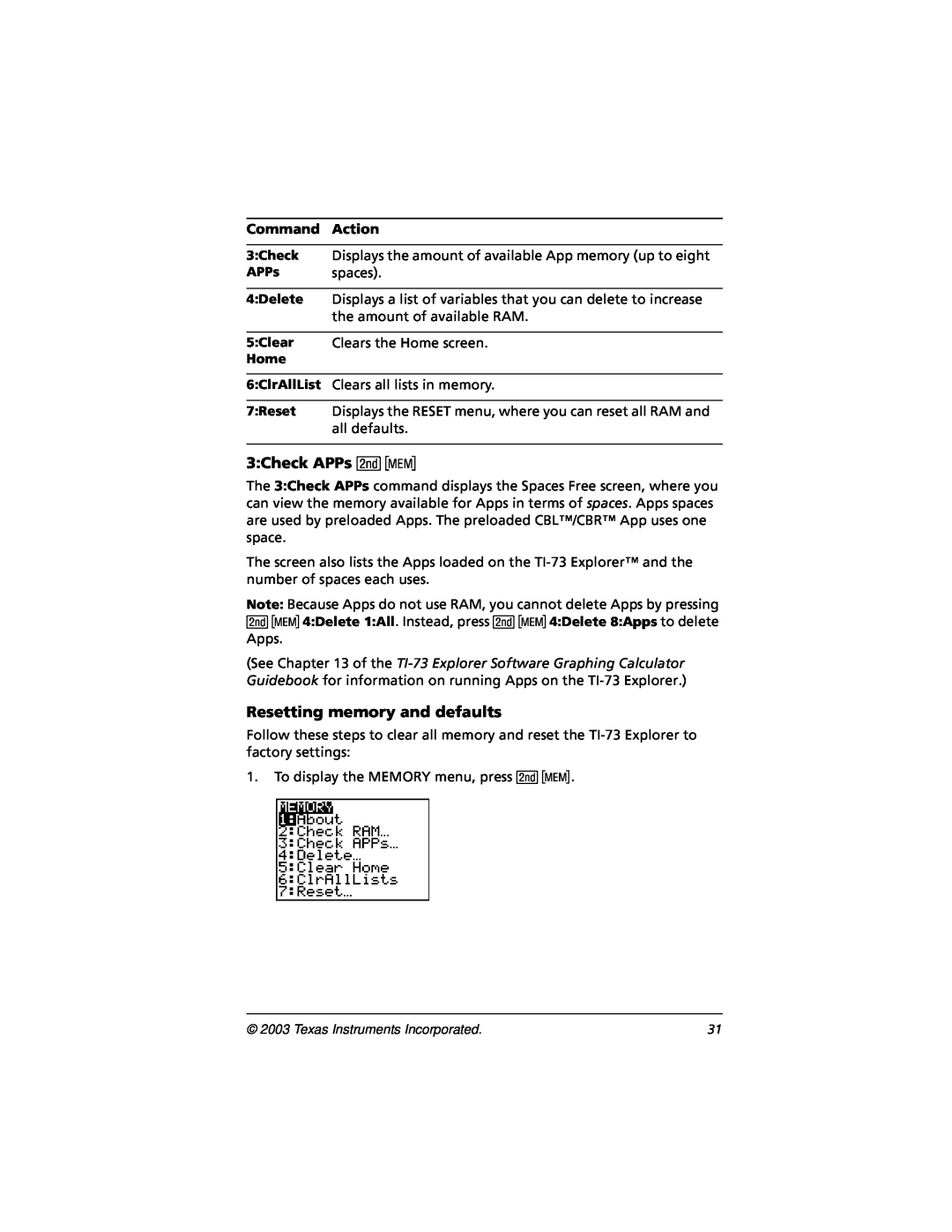 Texas Instruments CBL 2, TI-73 manual 3Check APPs -Ÿ, Resetting memory and defaults, Command Action 