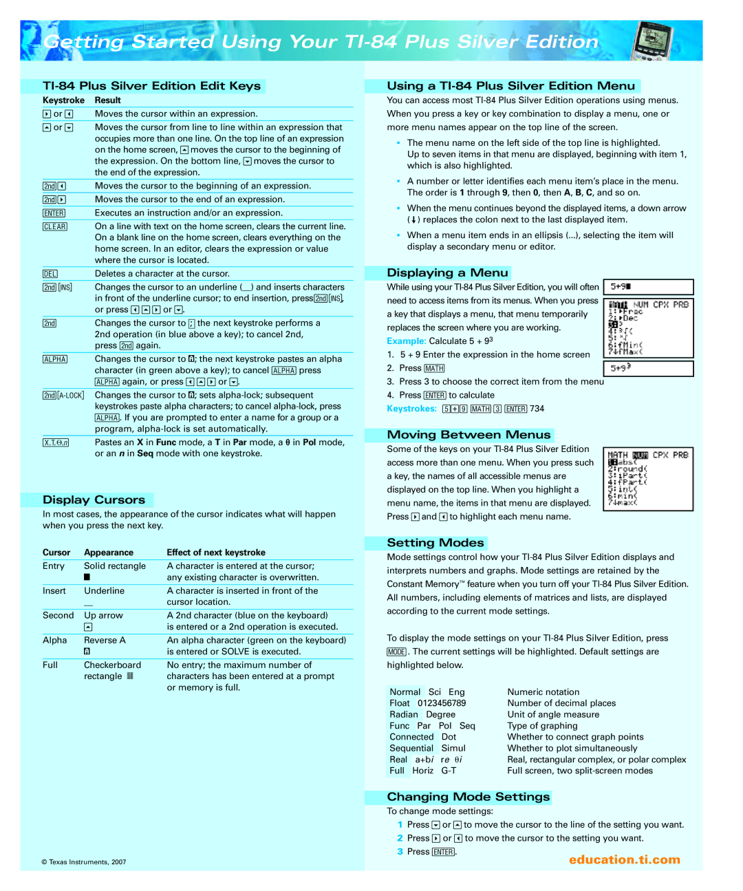 Texas Instruments manual Getting Started Using Your TI-84 Plus Silver Edition 