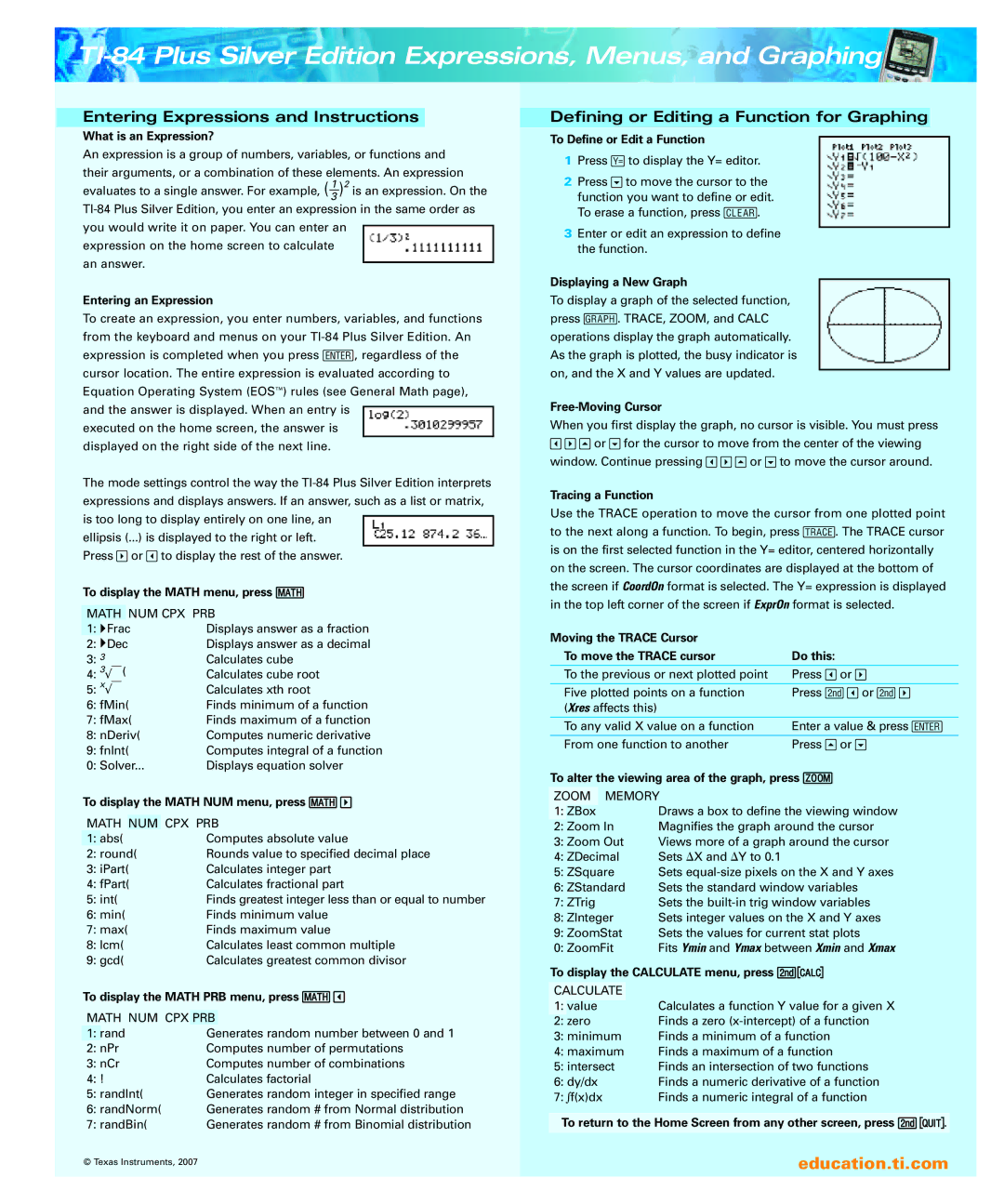 Texas Instruments TI-84 Plus Silver Edition Expressions, Menus, and Graphing, Entering Expressions and Instructions 