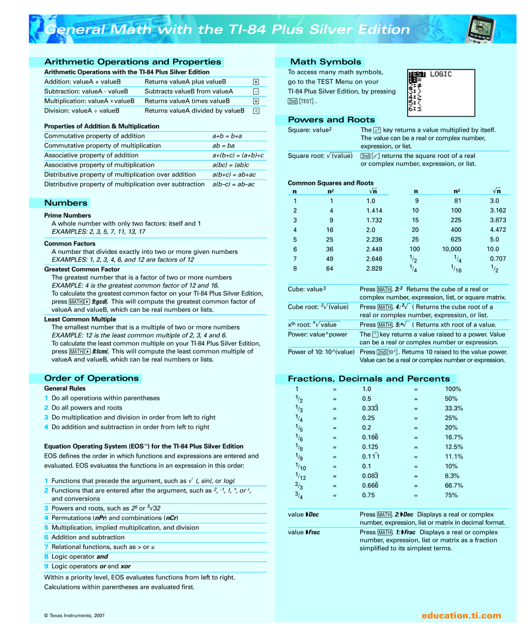 Texas Instruments manual General Math with the TI-84 Plus Silver Edition 