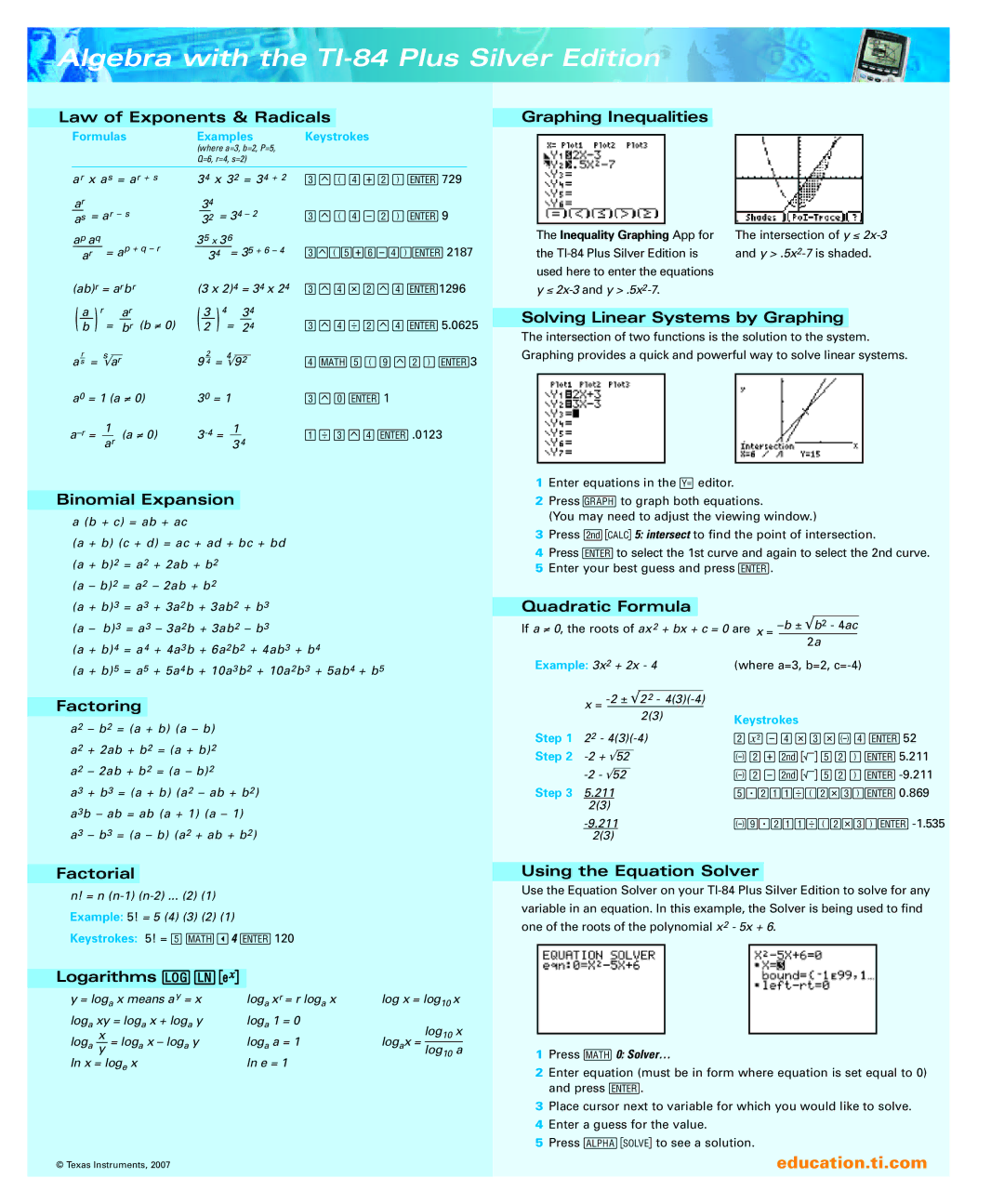 Texas Instruments manual Algebra with the TI-84 Plus Silver Edition 