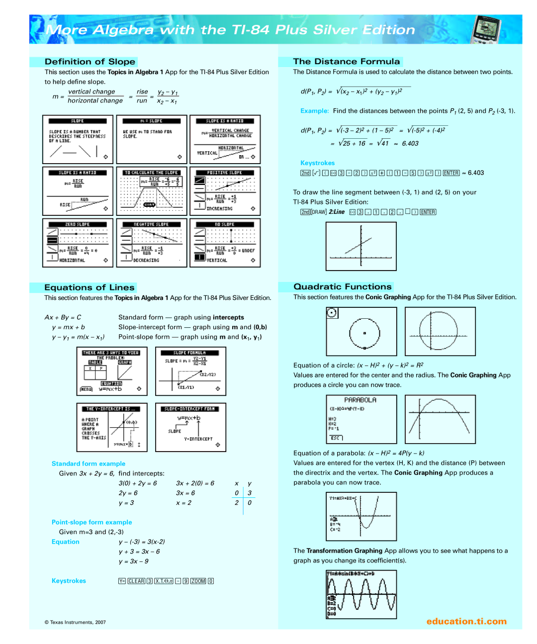 Texas Instruments manual More Algebra with the TI-84 Plus Silver Edition, Definition of Slope Distance Formula 