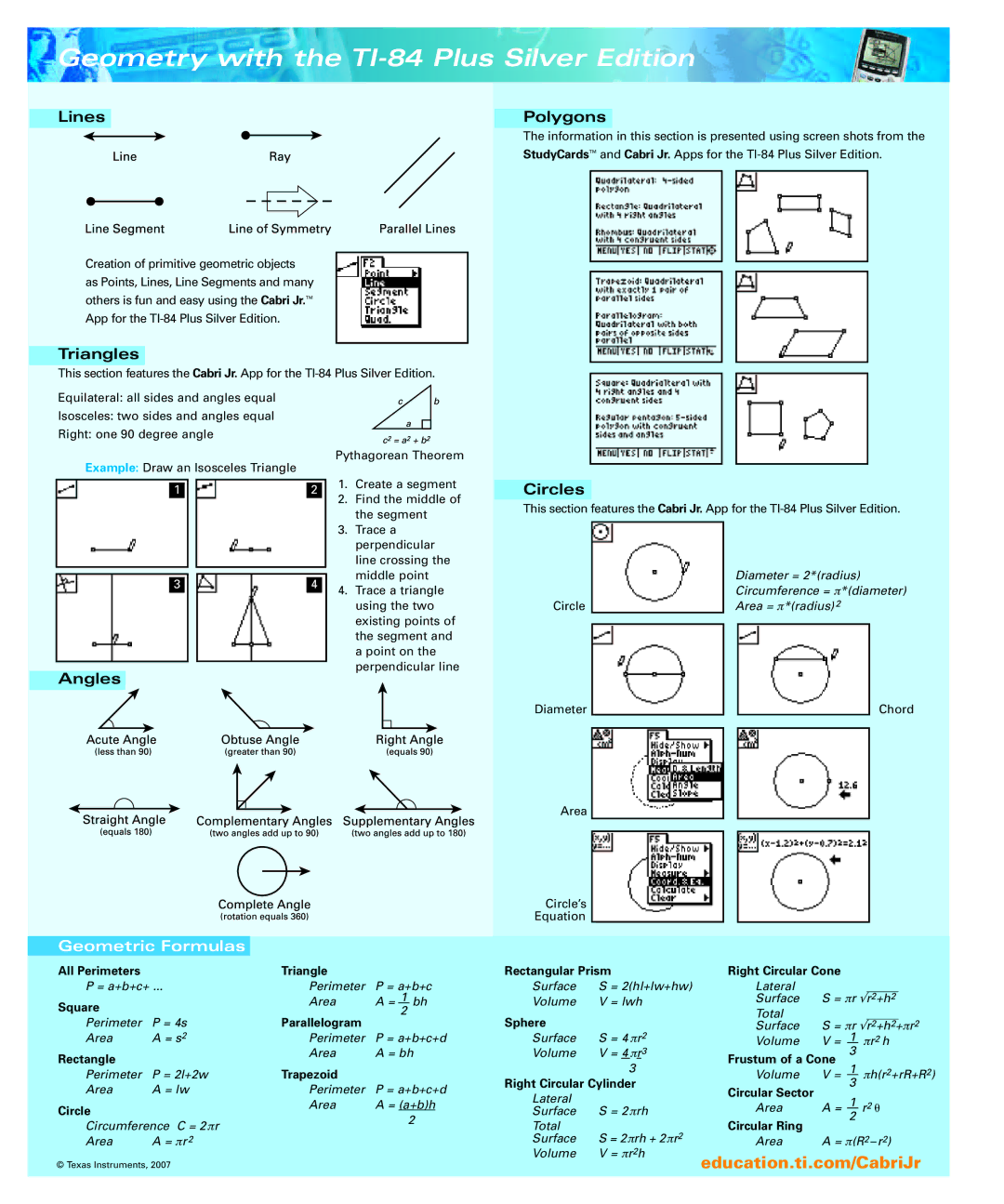 Texas Instruments manual Geometry with the TI-84 Plus Silver Edition 