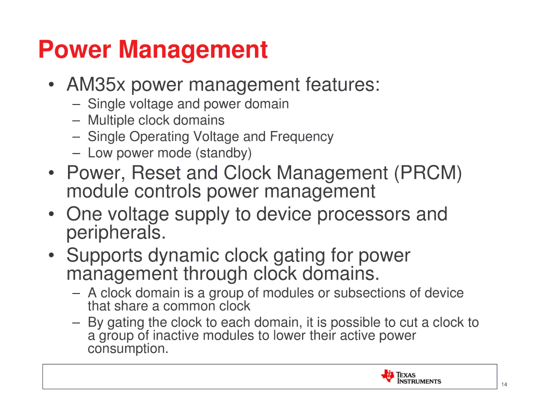 Texas Instruments TI SITARA manual Power Management, AM35x power management features 