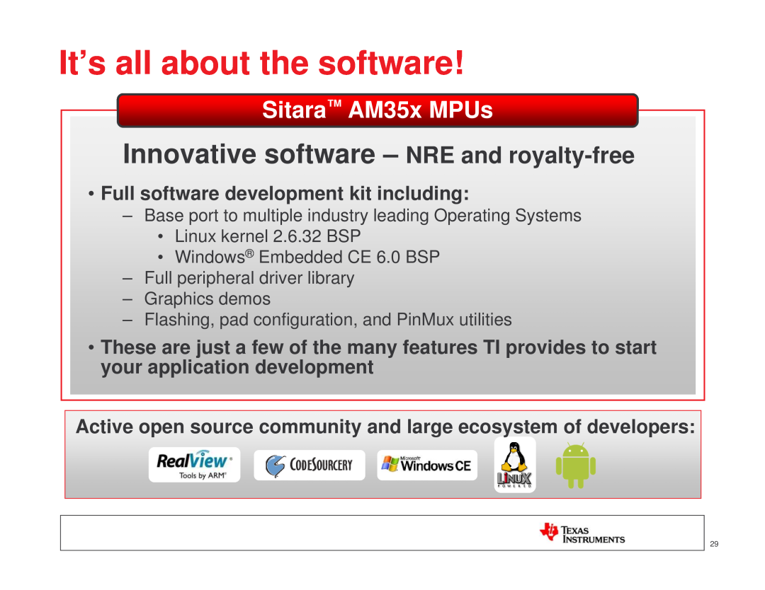 Texas Instruments TI SITARA It’s all about the software, Innovative software - NRE and royalty-free, Sitara AM35x MPUs 